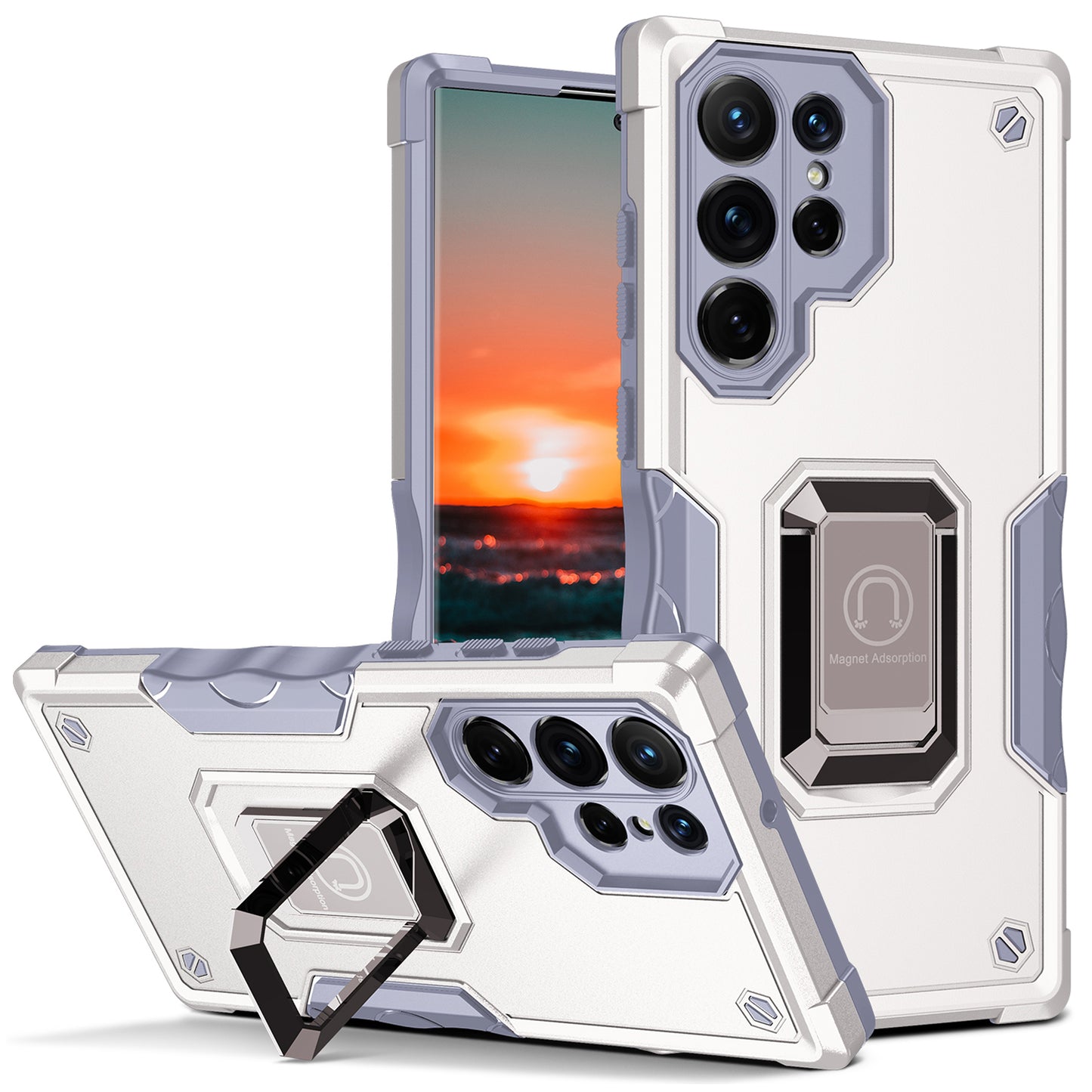 For Samsung Galaxy S24 Ultra Phone Case with Ring Holder Support Magnetic Car Mount - White