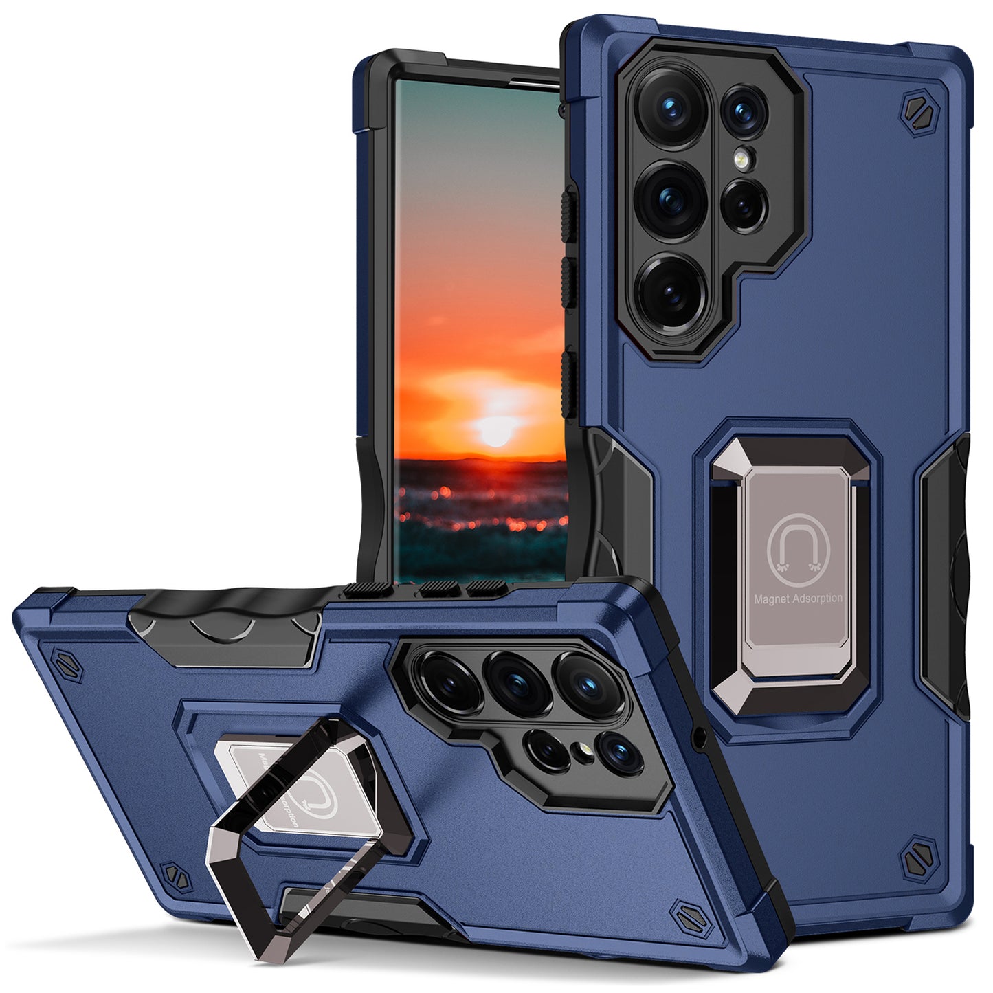 For Samsung Galaxy S24 Ultra Phone Case with Ring Holder Support Magnetic Car Mount - Blue