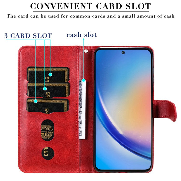 For Samsung Galaxy A35 5G Leather Case Calfskin Zipper Wallet - Red