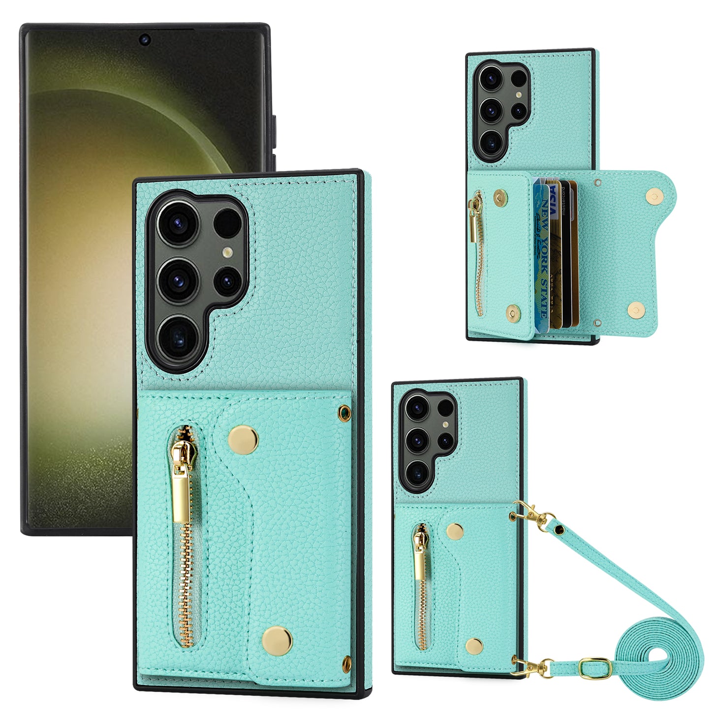 For Samsung Galaxy S24 Ultra DF-09 Card Case PU Leather Kickstand Zipper Lanyard Cover - Mint Green