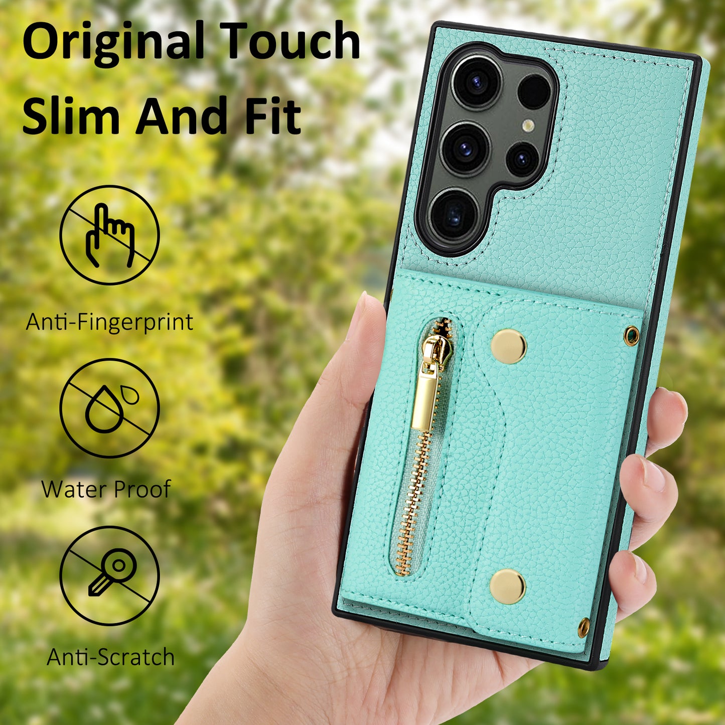 For Samsung Galaxy S24 Ultra DF-09 Card Case PU Leather Kickstand Zipper Lanyard Cover - Mint Green