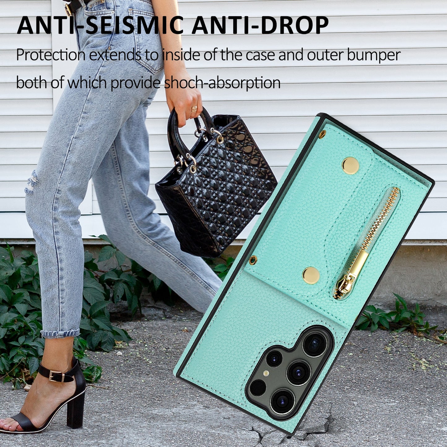 For Samsung Galaxy S24 Ultra DF-09 Card Case PU Leather Kickstand Zipper Lanyard Cover - Mint Green