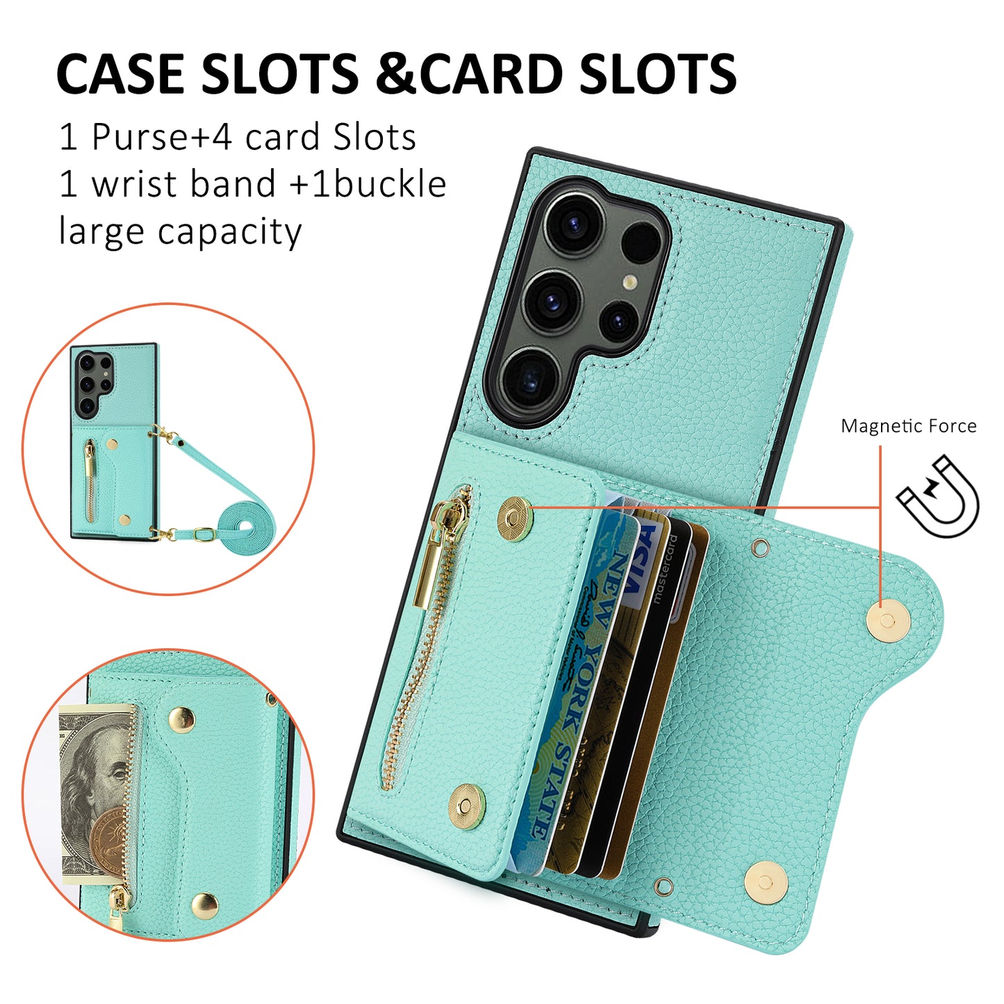 For Samsung Galaxy S24 Ultra DF-09 Card Case PU Leather Kickstand Zipper Lanyard Cover - Mint Green