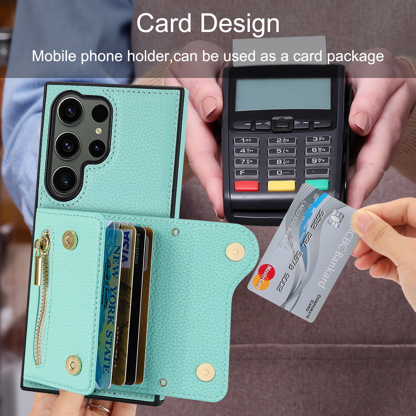 For Samsung Galaxy S24 Ultra DF-09 Card Case PU Leather Kickstand Zipper Lanyard Cover - Mint Green