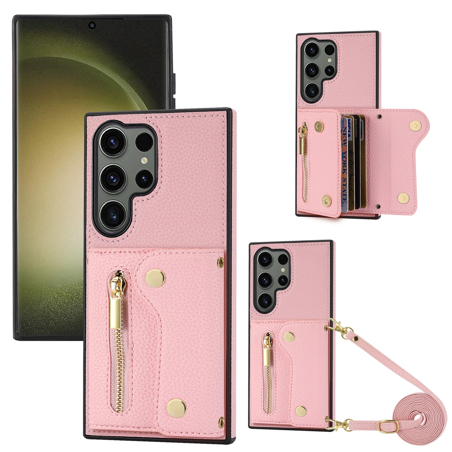For Samsung Galaxy S24 Ultra DF-09 Card Case PU Leather Kickstand Zipper Lanyard Cover - Pink
