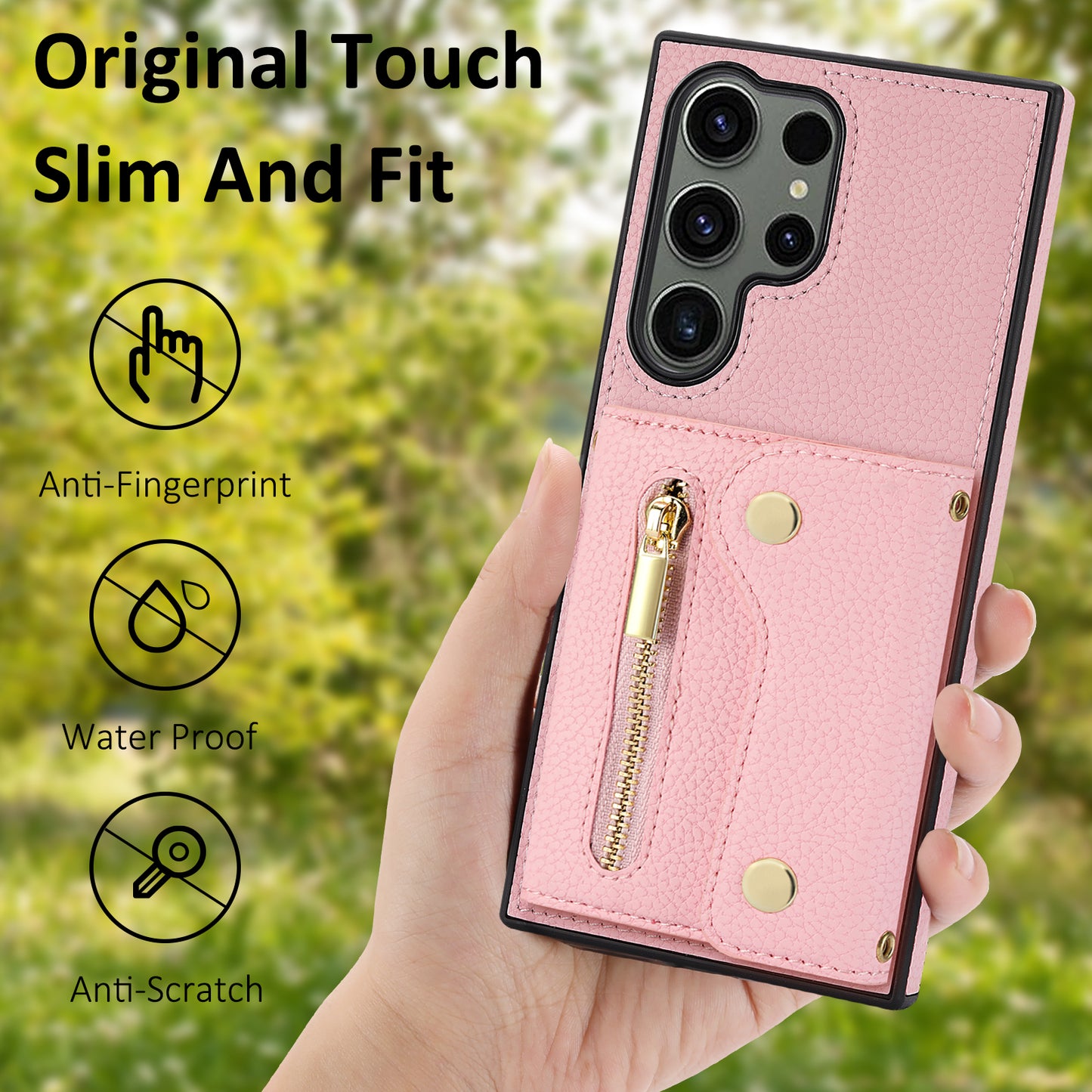 For Samsung Galaxy S24 Ultra DF-09 Card Case PU Leather Kickstand Zipper Lanyard Cover - Pink