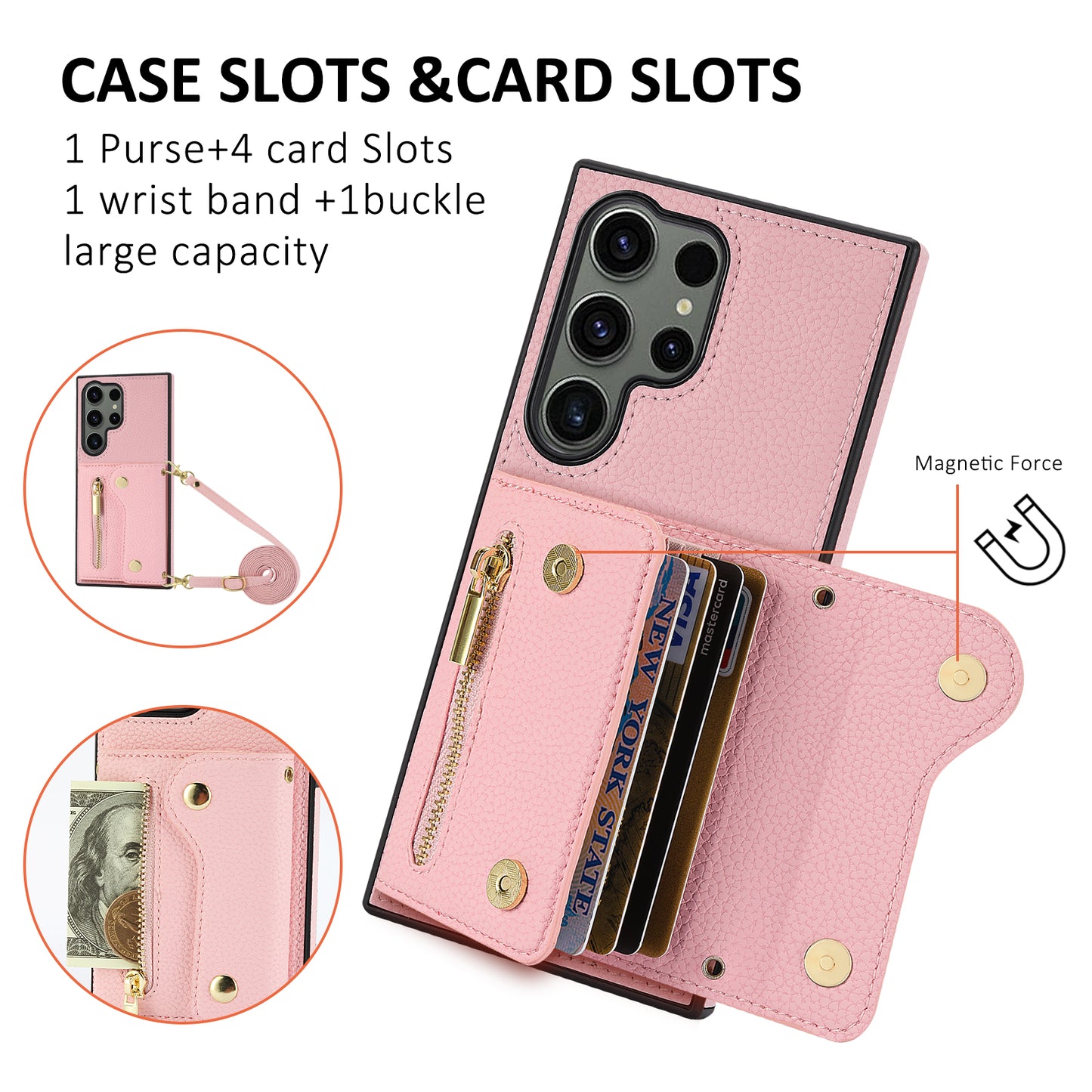For Samsung Galaxy S24 Ultra DF-09 Card Case PU Leather Kickstand Zipper Lanyard Cover - Pink