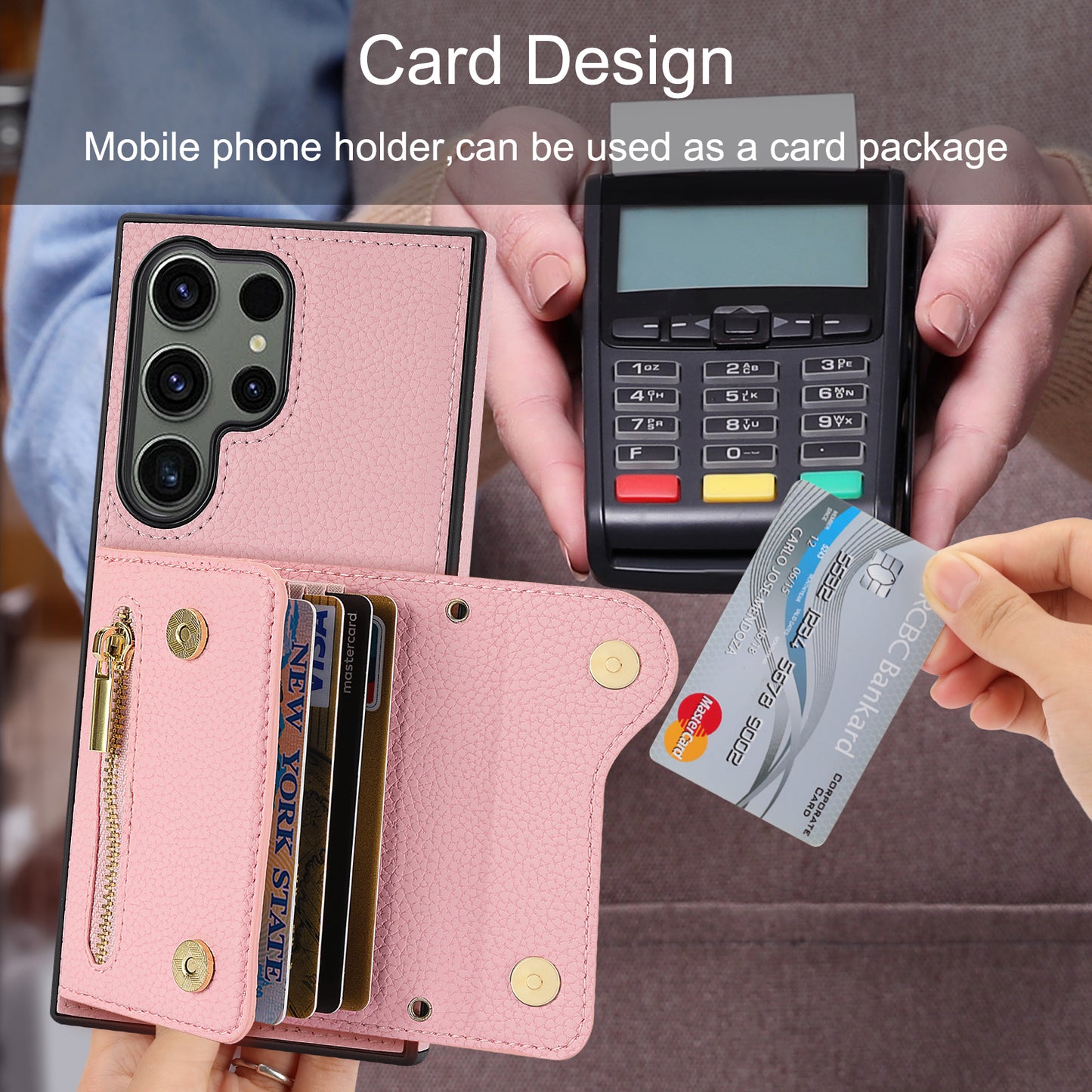 For Samsung Galaxy S24 Ultra DF-09 Card Case PU Leather Kickstand Zipper Lanyard Cover - Pink