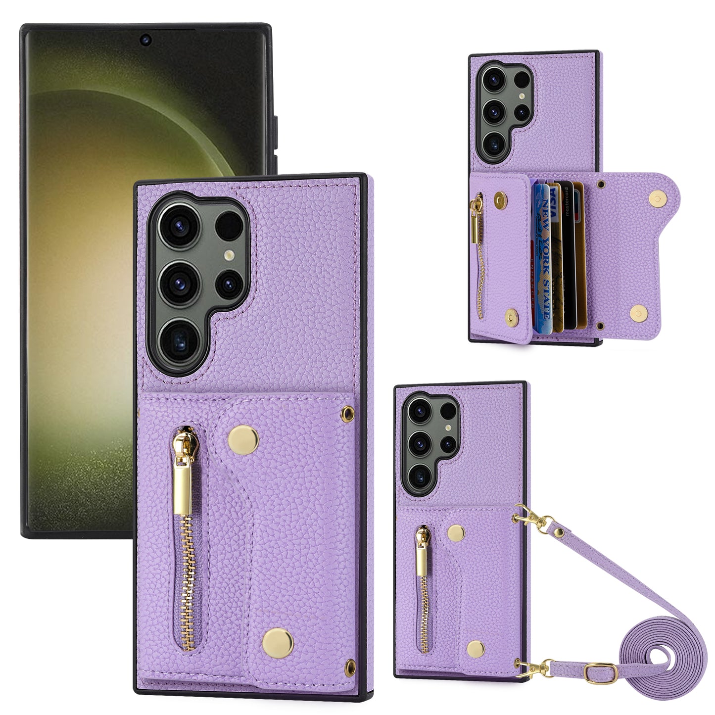 For Samsung Galaxy S24 Ultra DF-09 Card Case PU Leather Kickstand Zipper Lanyard Cover - Purple