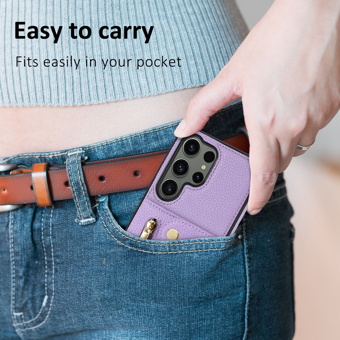 For Samsung Galaxy S24 Ultra DF-09 Card Case PU Leather Kickstand Zipper Lanyard Cover - Purple
