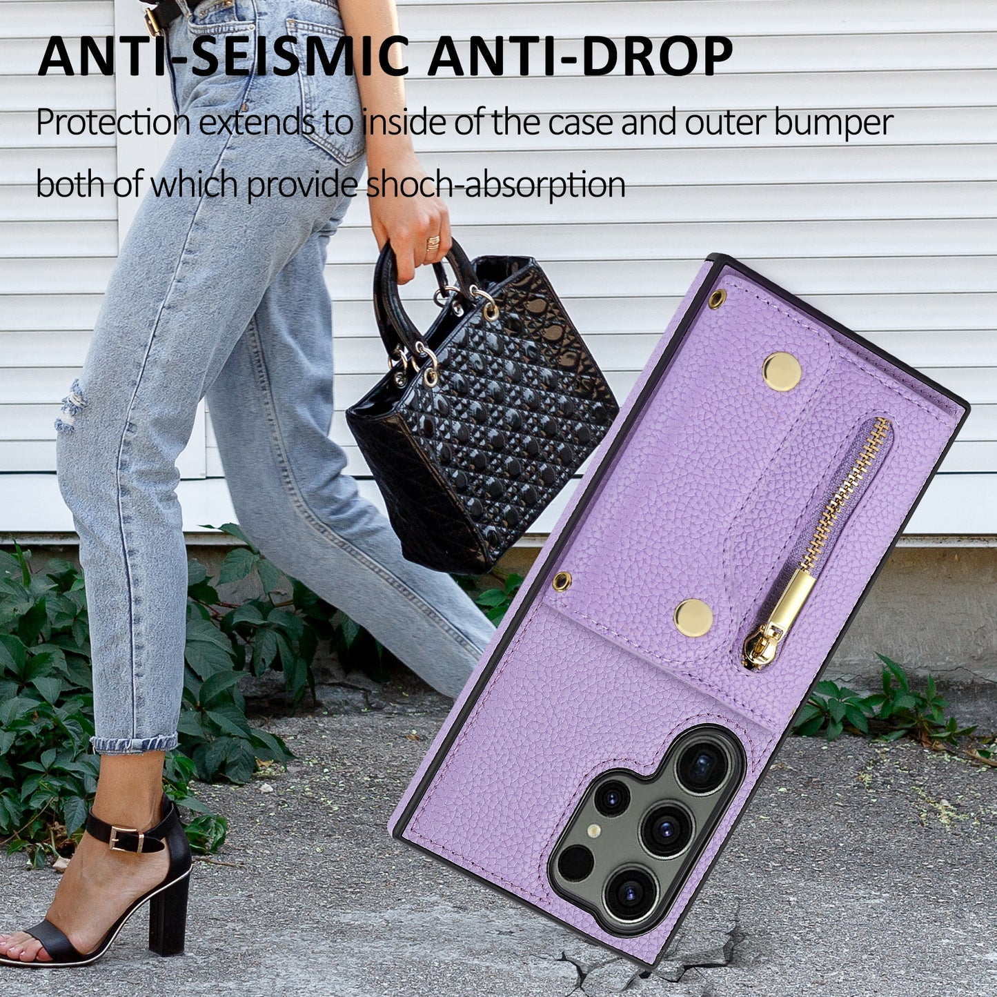 For Samsung Galaxy S24 Ultra DF-09 Card Case PU Leather Kickstand Zipper Lanyard Cover - Purple