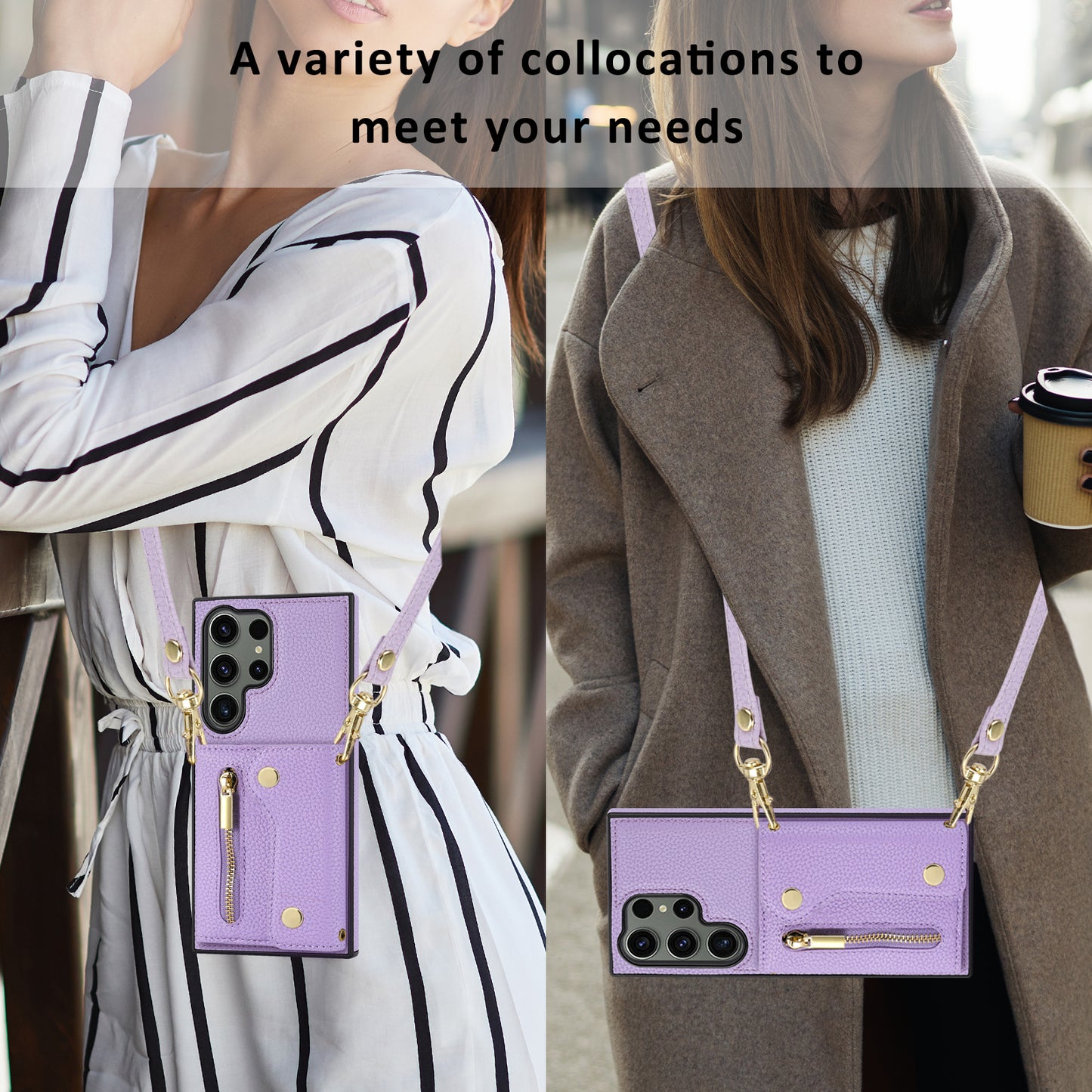 For Samsung Galaxy S24 Ultra DF-09 Card Case PU Leather Kickstand Zipper Lanyard Cover - Purple