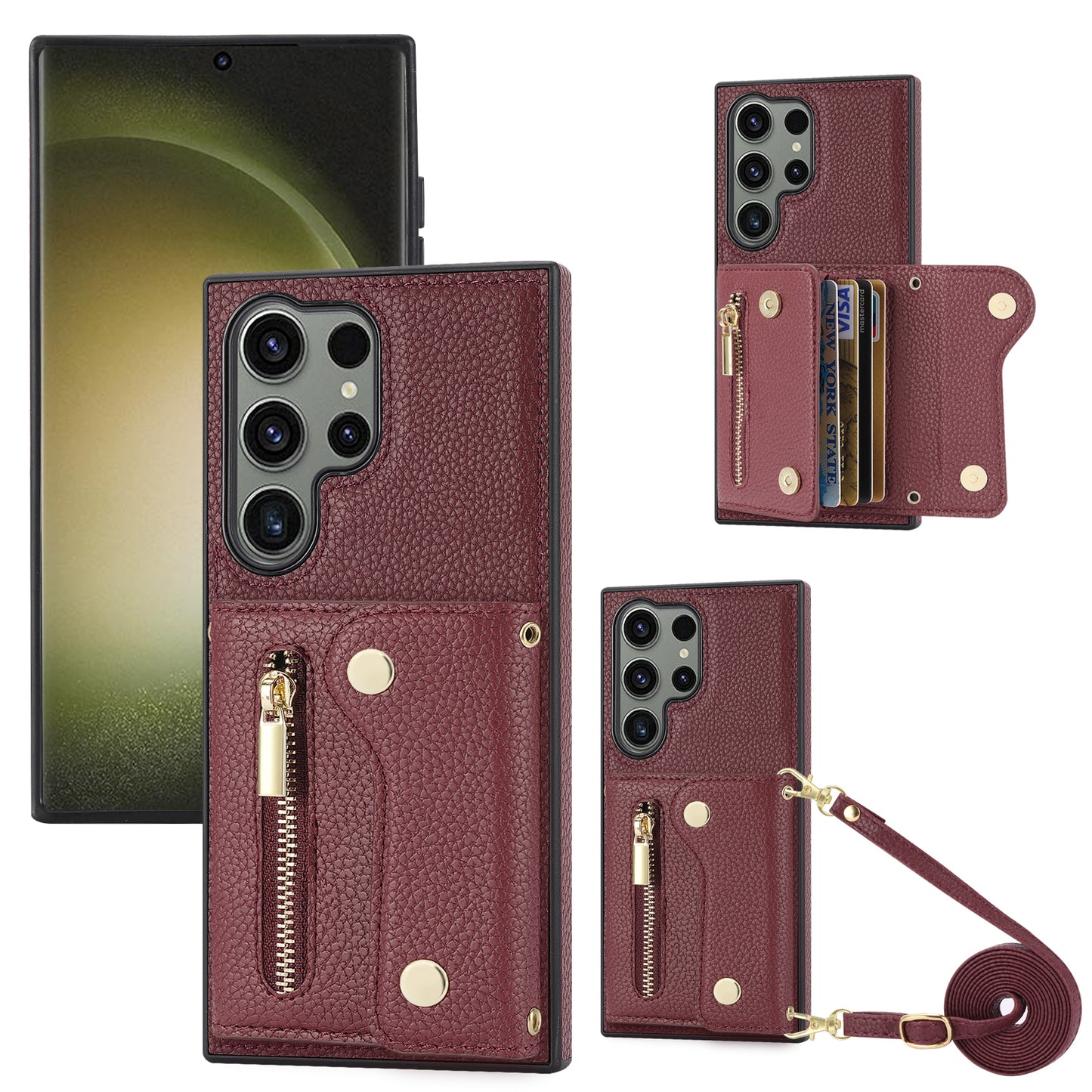 For Samsung Galaxy S24 Ultra DF-09 Card Case PU Leather Kickstand Zipper Lanyard Cover - Wine Red
