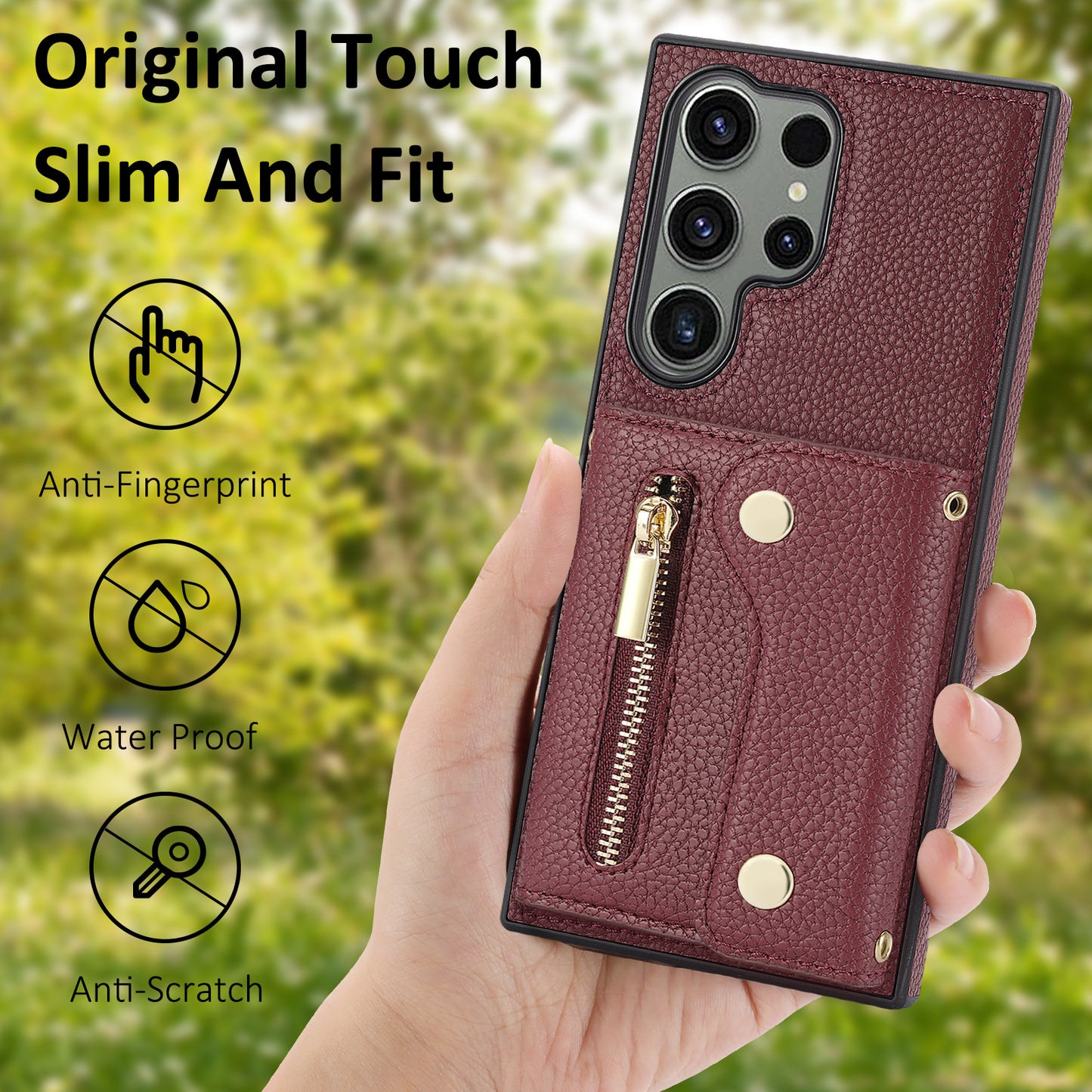 For Samsung Galaxy S24 Ultra DF-09 Card Case PU Leather Kickstand Zipper Lanyard Cover - Wine Red