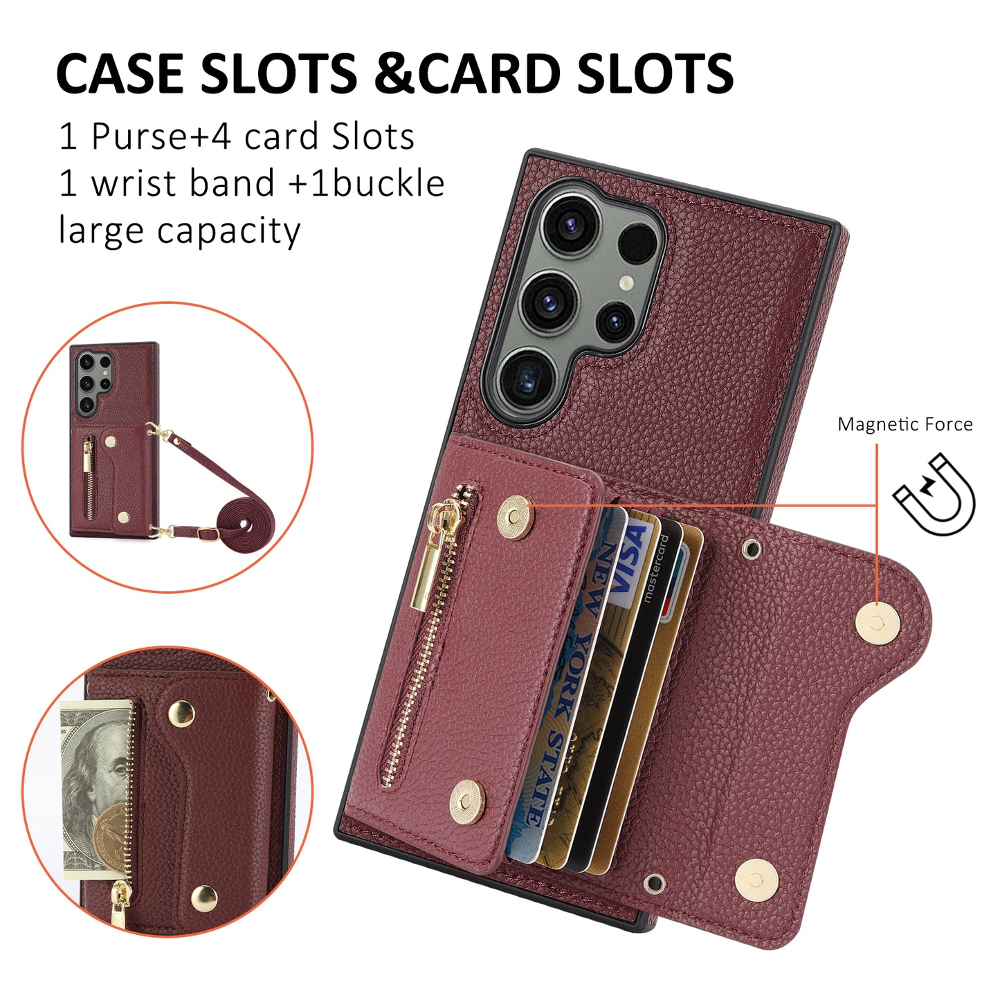 For Samsung Galaxy S24 Ultra DF-09 Card Case PU Leather Kickstand Zipper Lanyard Cover - Wine Red