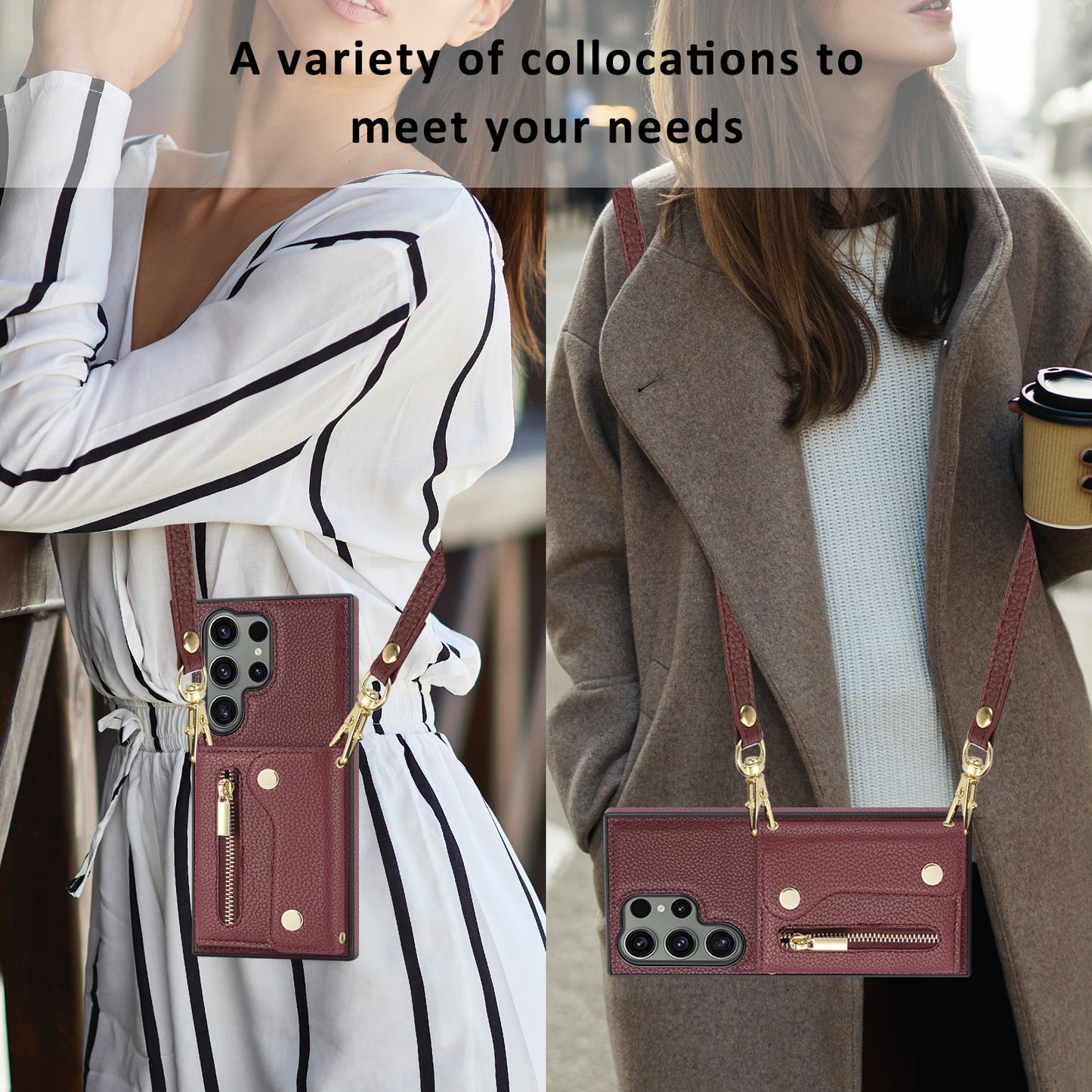 For Samsung Galaxy S24 Ultra DF-09 Card Case PU Leather Kickstand Zipper Lanyard Cover - Wine Red