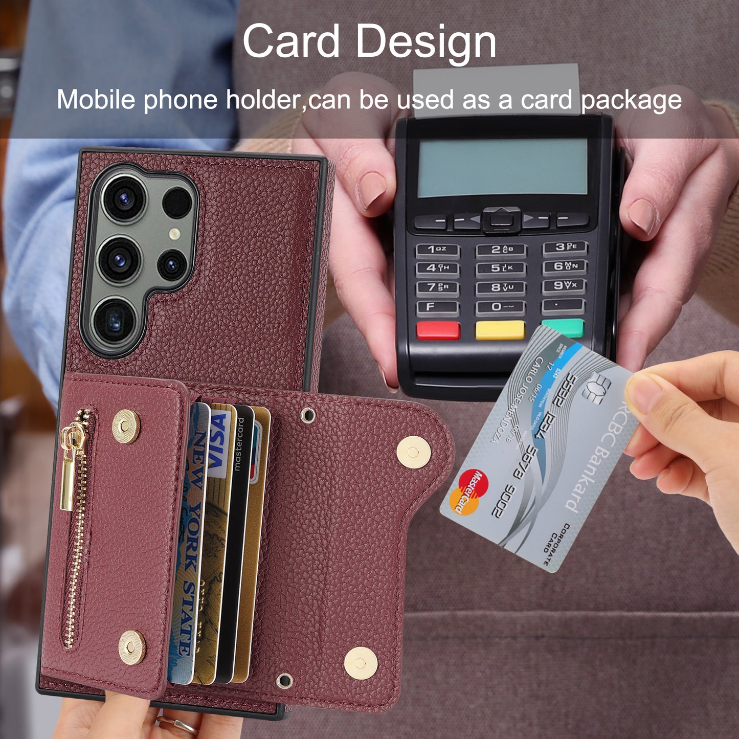 For Samsung Galaxy S24 Ultra DF-09 Card Case PU Leather Kickstand Zipper Lanyard Cover - Wine Red