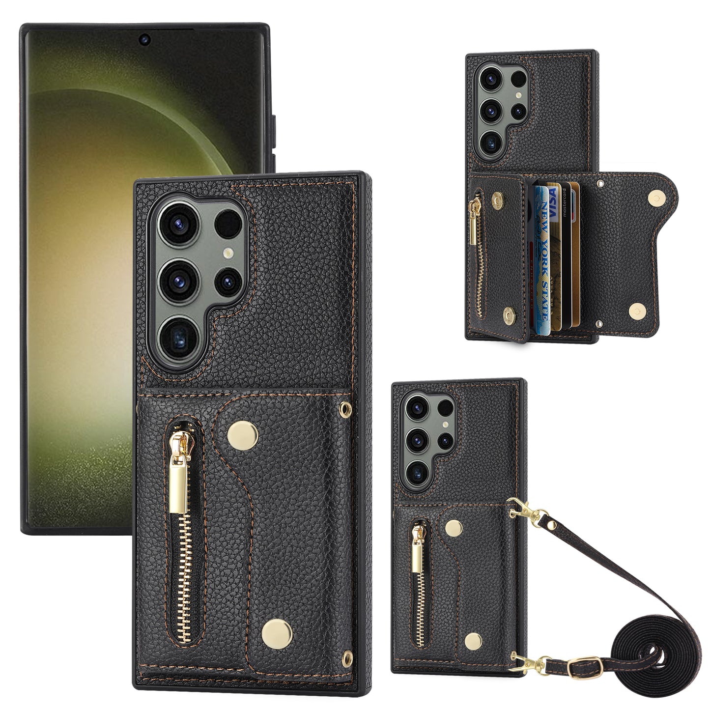 For Samsung Galaxy S24 Ultra DF-09 Card Case PU Leather Kickstand Zipper Lanyard Cover - Black