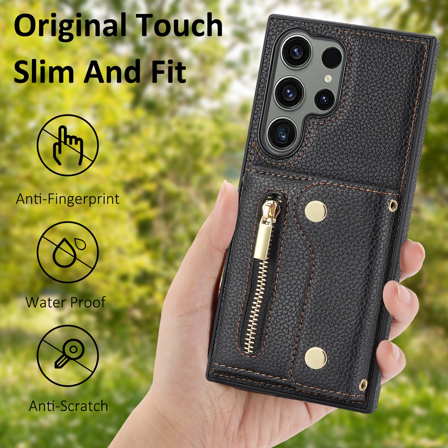 For Samsung Galaxy S24 Ultra DF-09 Card Case PU Leather Kickstand Zipper Lanyard Cover - Black