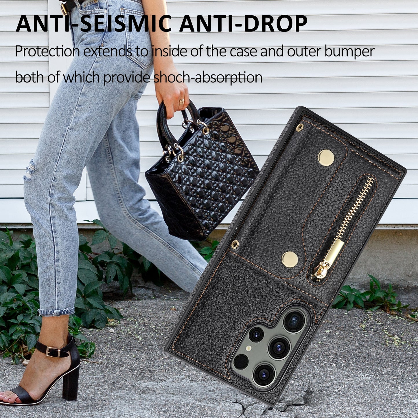 For Samsung Galaxy S24 Ultra DF-09 Card Case PU Leather Kickstand Zipper Lanyard Cover - Black