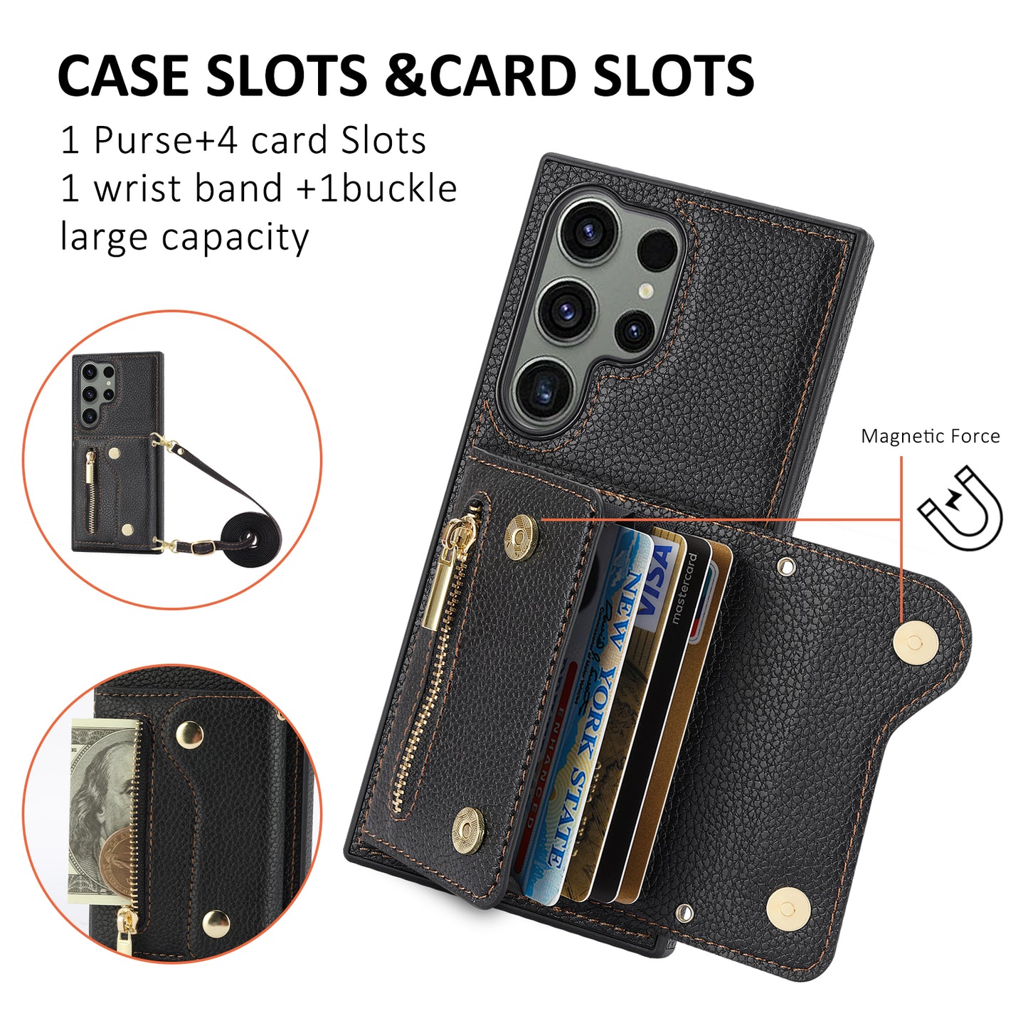 For Samsung Galaxy S24 Ultra DF-09 Card Case PU Leather Kickstand Zipper Lanyard Cover - Black