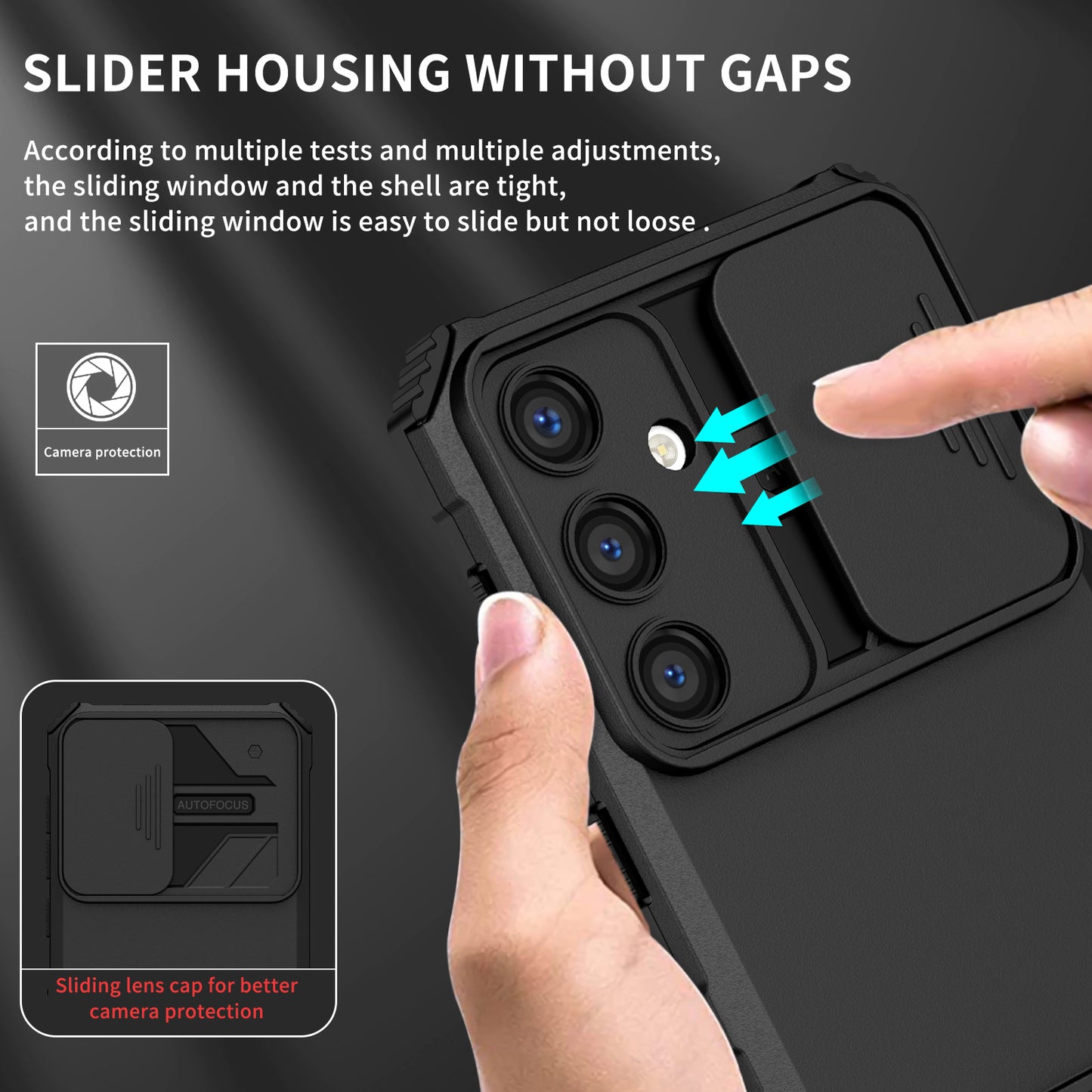 For Samsung Galaxy S24 Case Slide Lens Shield Anti-drop PC+TPU Kickstand Back Cover - Black