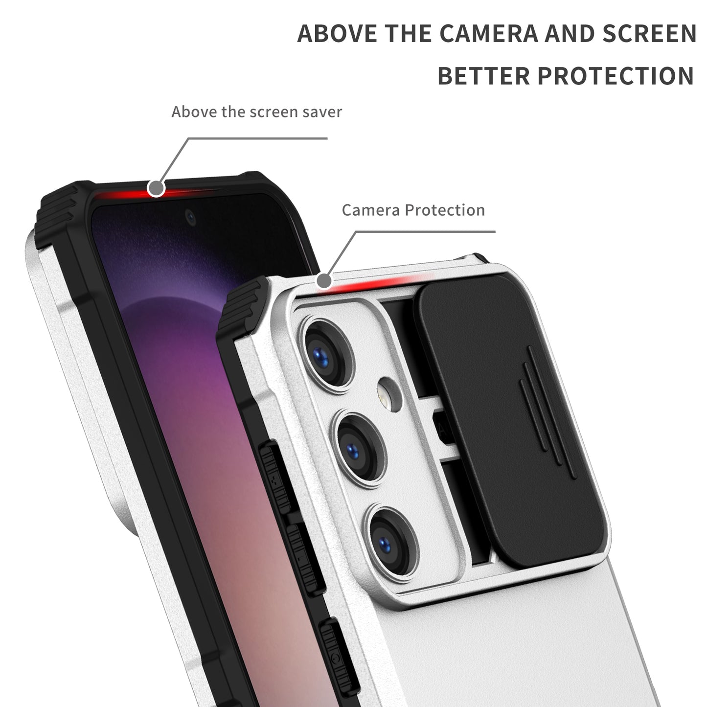 For Samsung Galaxy S24 Case Slide Lens Shield Anti-drop PC+TPU Kickstand Back Cover - White