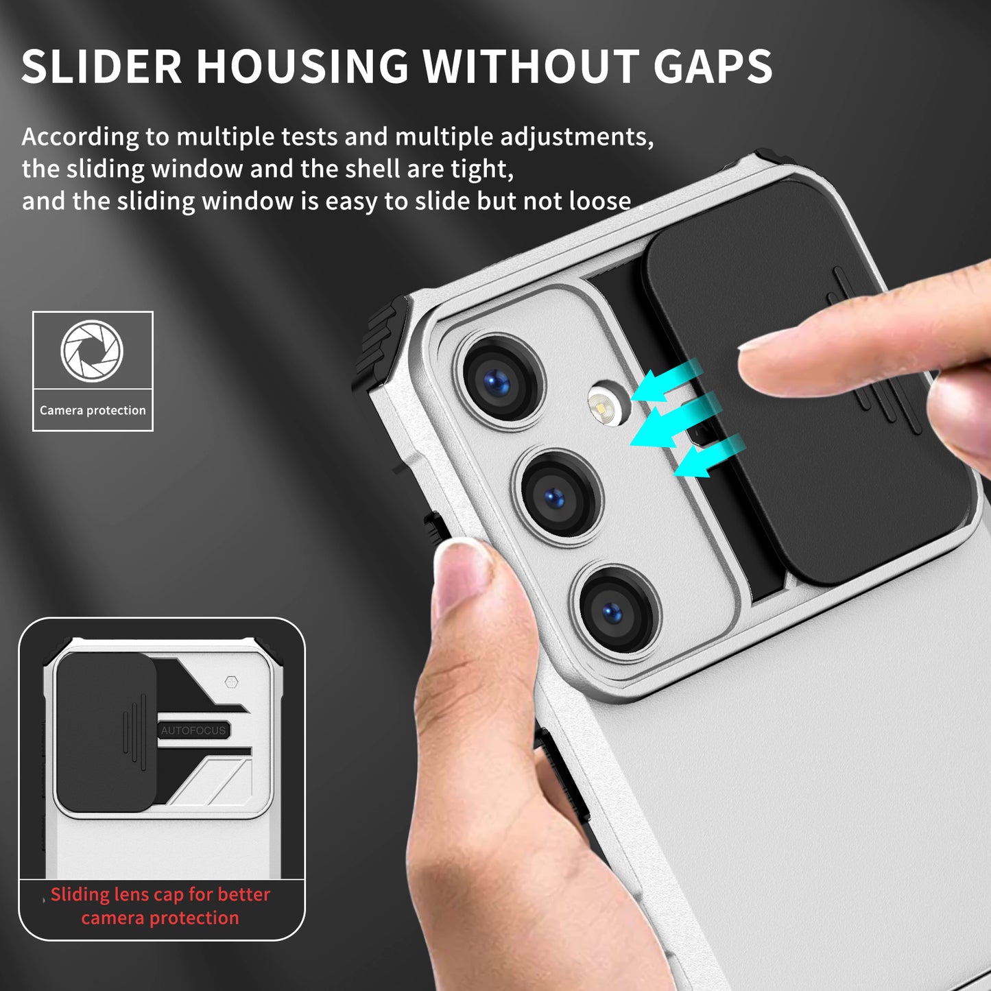 For Samsung Galaxy S24 Case Slide Lens Shield Anti-drop PC+TPU Kickstand Back Cover - White