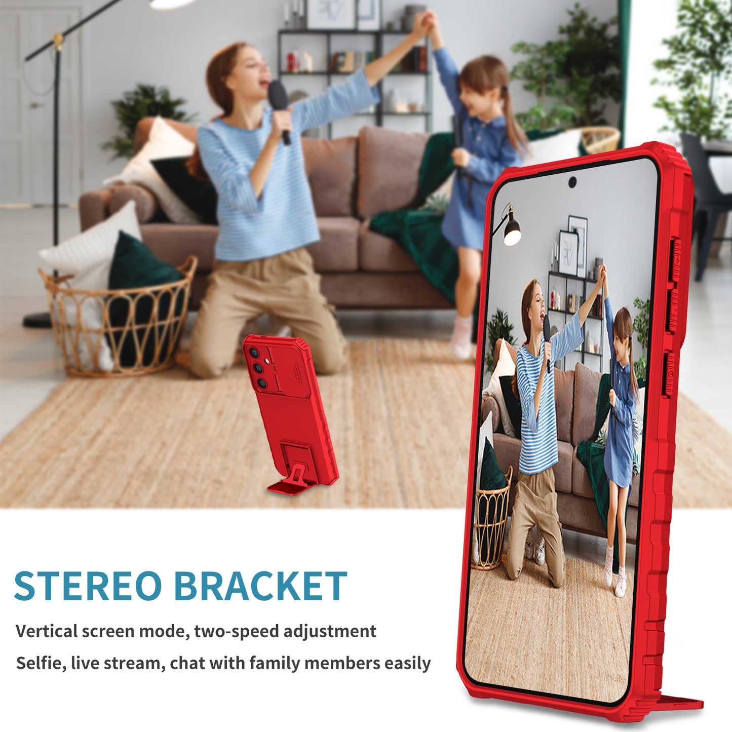 For Samsung Galaxy S24 Case Slide Lens Shield Anti-drop PC+TPU Kickstand Back Cover - Red