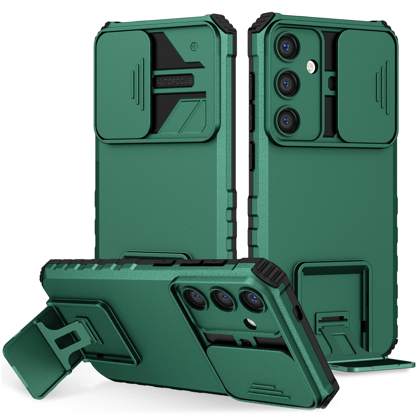 For Samsung Galaxy S24 Case Slide Lens Shield Anti-drop PC+TPU Kickstand Back Cover - Blackish Green