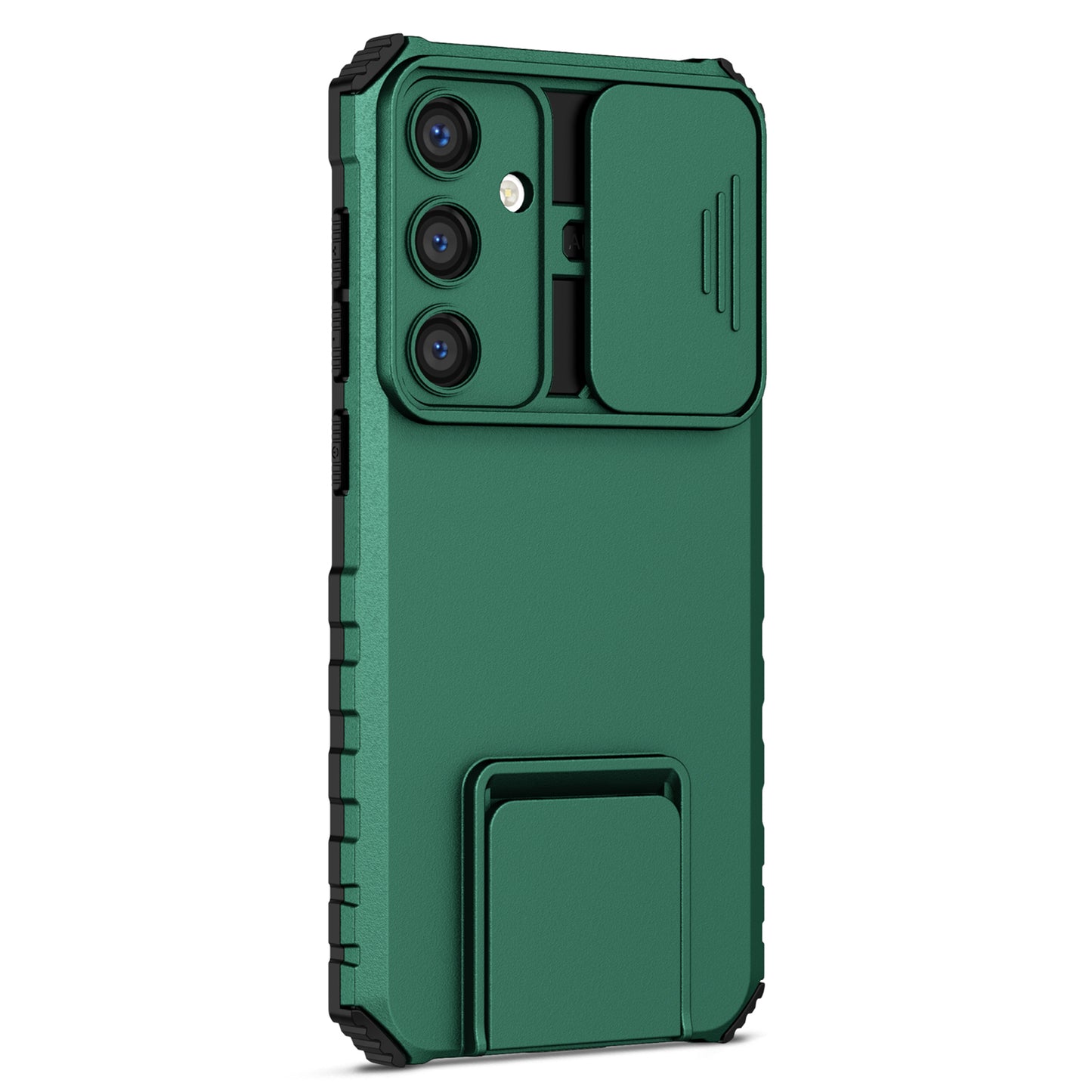 For Samsung Galaxy S24 Case Slide Lens Shield Anti-drop PC+TPU Kickstand Back Cover - Blackish Green
