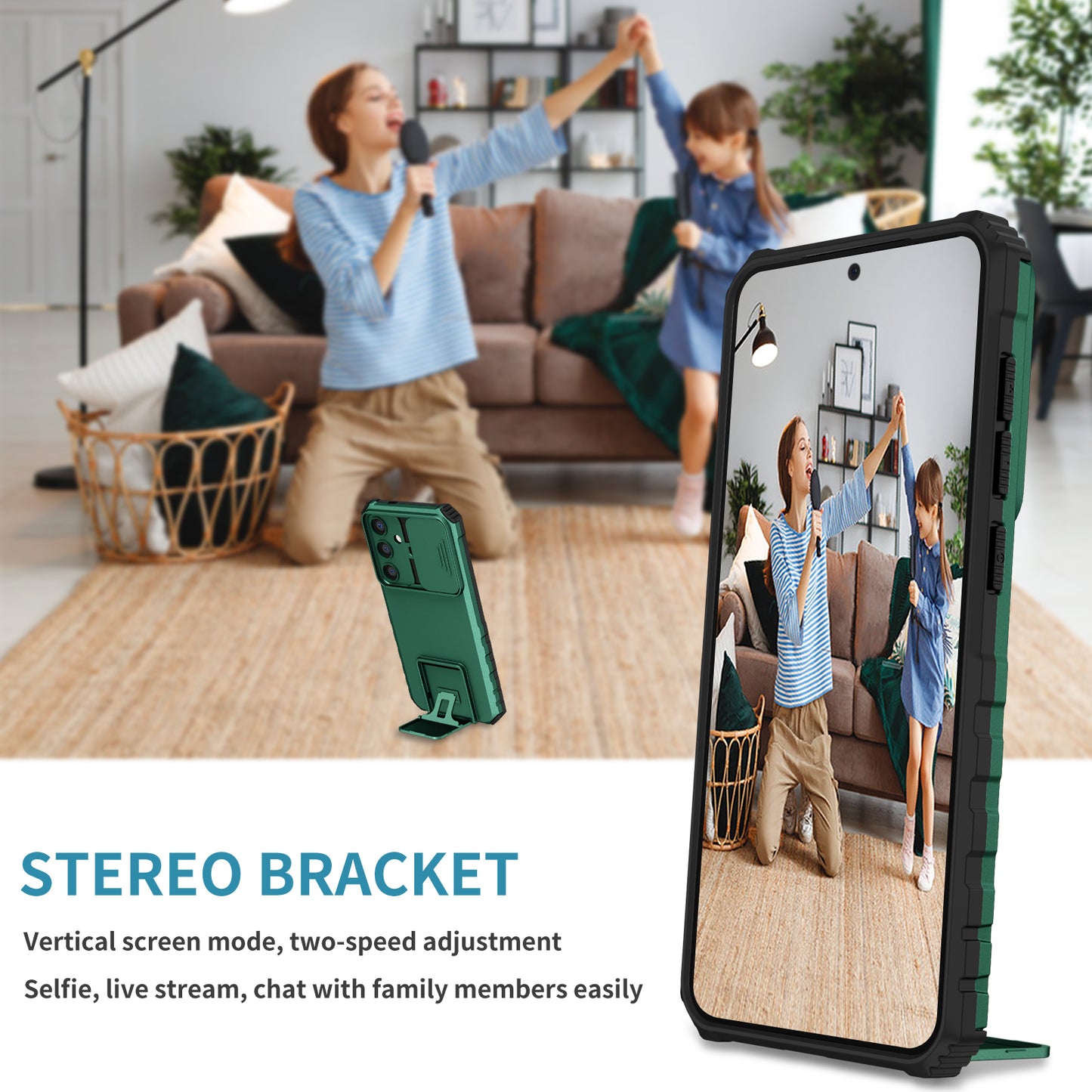 For Samsung Galaxy S24 Case Slide Lens Shield Anti-drop PC+TPU Kickstand Back Cover - Blackish Green