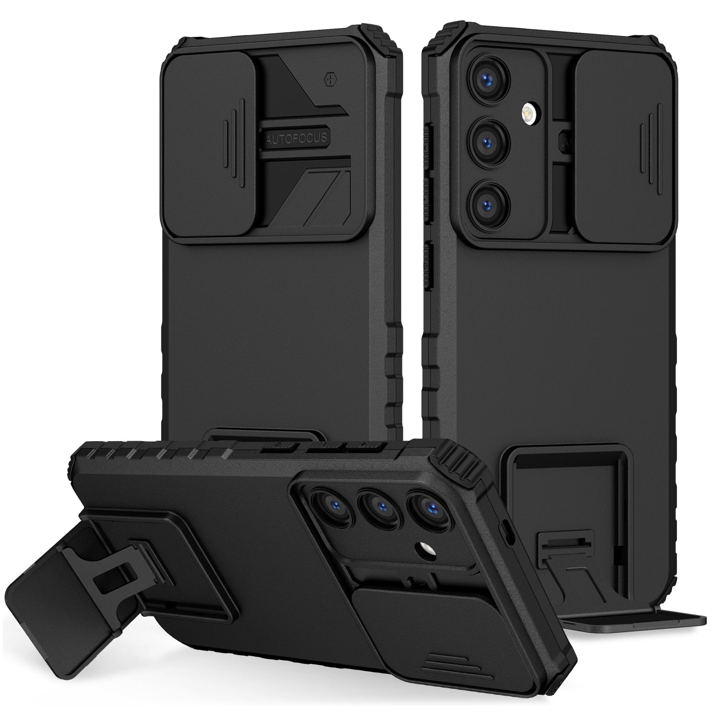 For Samsung Galaxy S24+ Cell Phone Cases Slide Lens Shield PC+TPU Kickstand Cover - Black