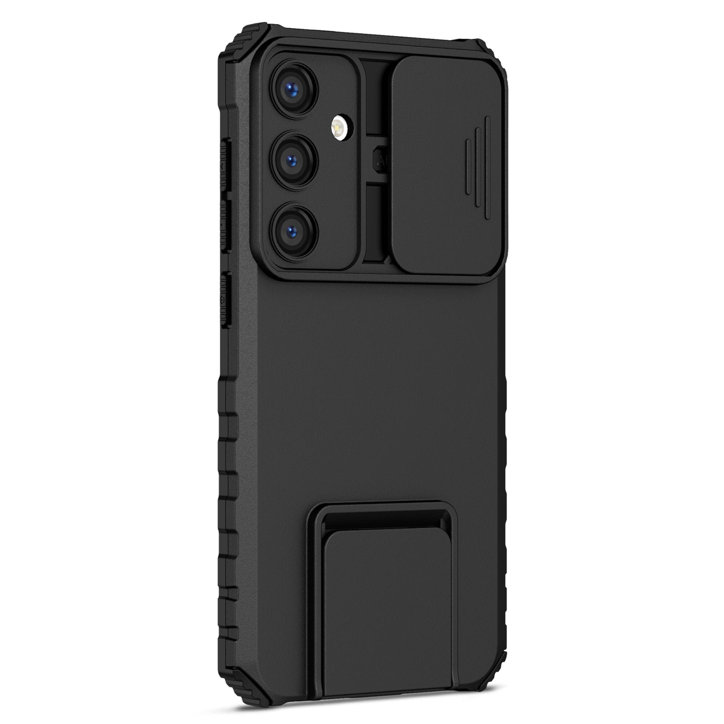 For Samsung Galaxy S24+ Cell Phone Cases Slide Lens Shield PC+TPU Kickstand Cover - Black