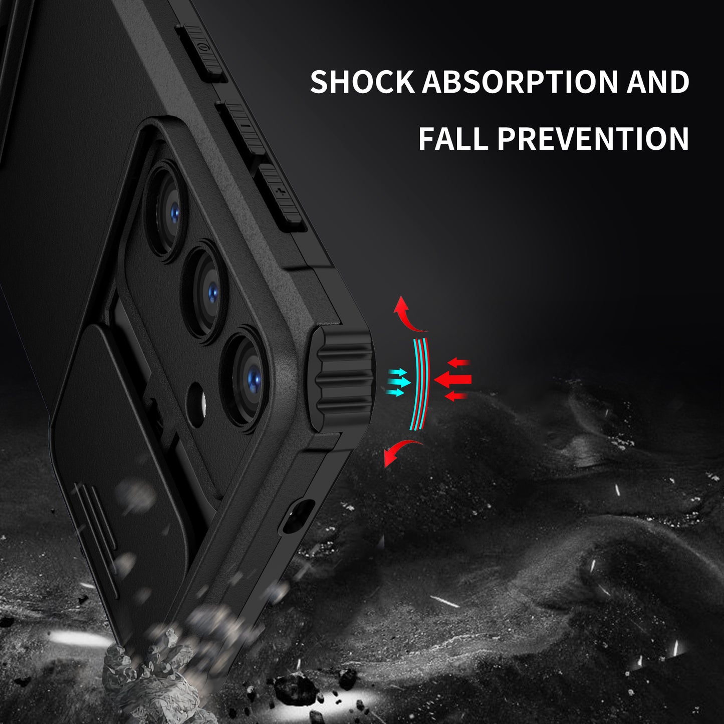 For Samsung Galaxy S24+ Cell Phone Cases Slide Lens Shield PC+TPU Kickstand Cover - Black
