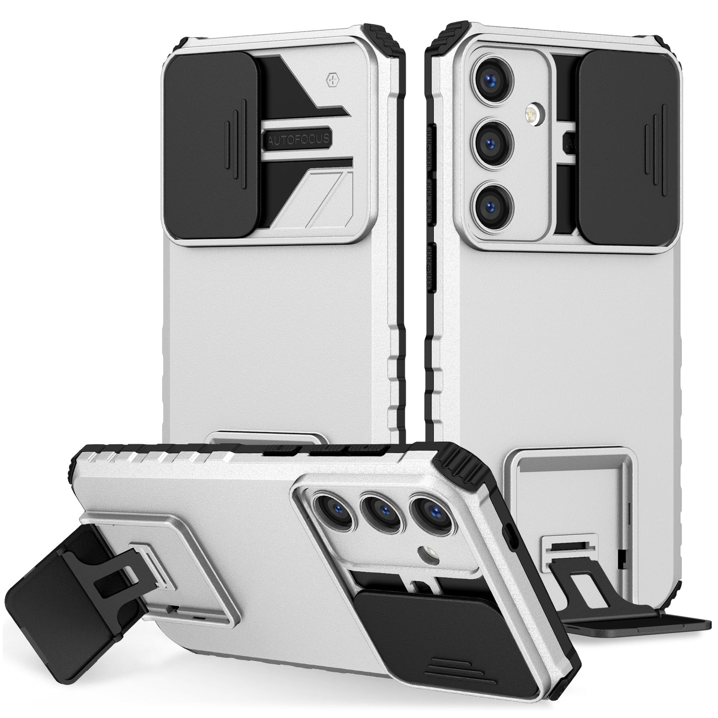 For Samsung Galaxy S24+ Cell Phone Cases Slide Lens Shield PC+TPU Kickstand Cover - White