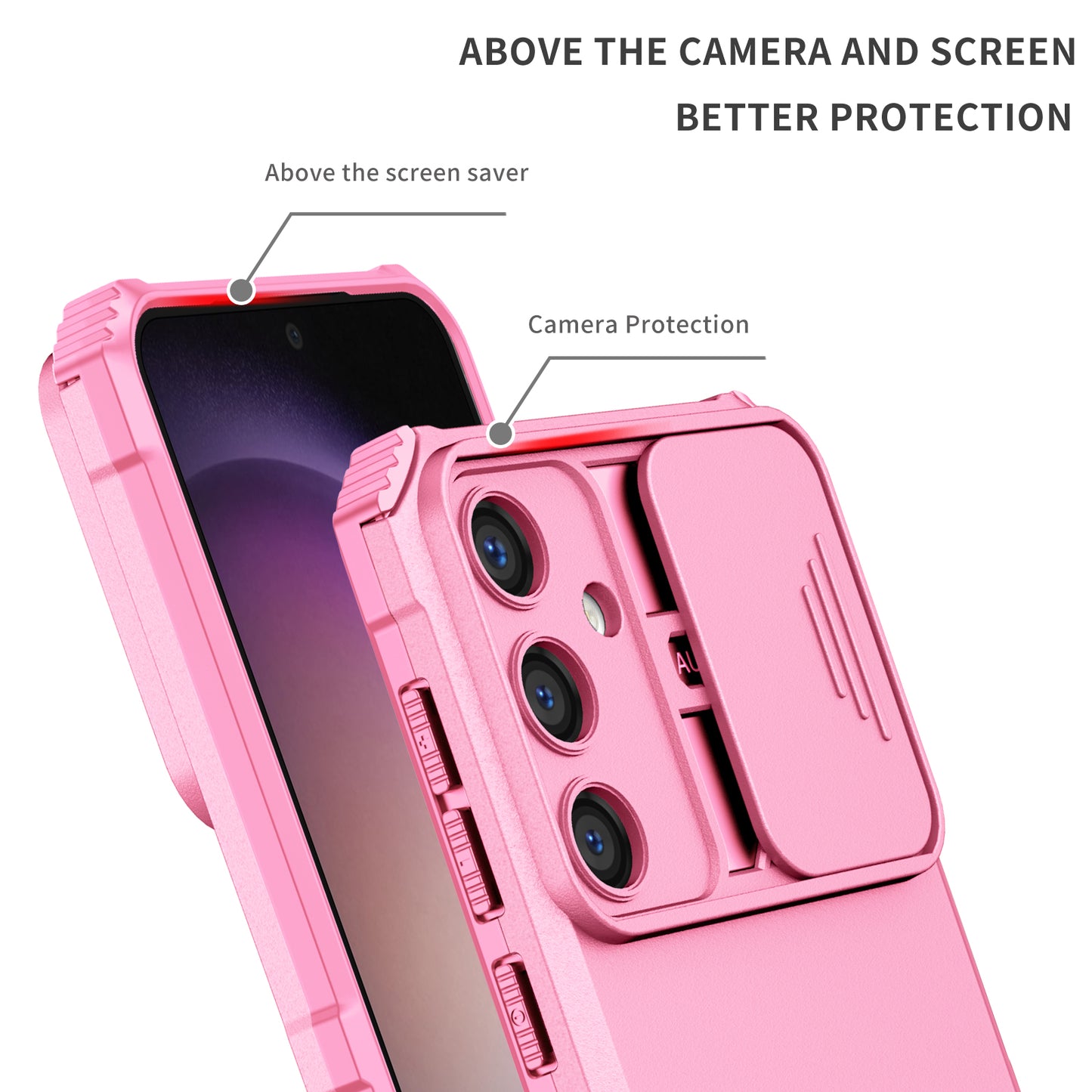 For Samsung Galaxy S24+ Cell Phone Cases Slide Lens Shield PC+TPU Kickstand Cover - Pink