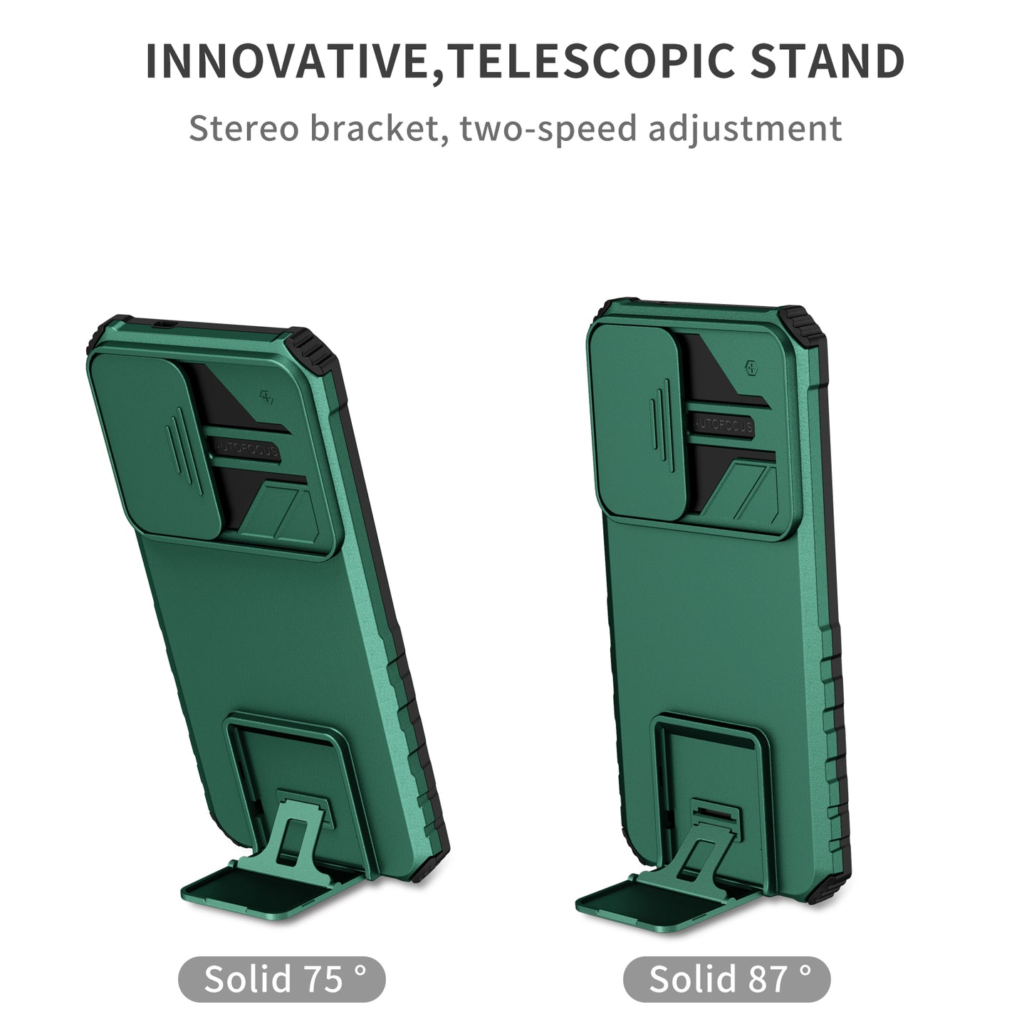For Samsung Galaxy S24+ Cell Phone Cases Slide Lens Shield PC+TPU Kickstand Cover - Blackish Green