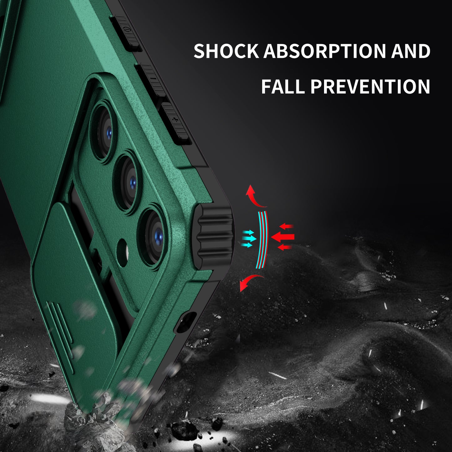 For Samsung Galaxy S24+ Cell Phone Cases Slide Lens Shield PC+TPU Kickstand Cover - Blackish Green