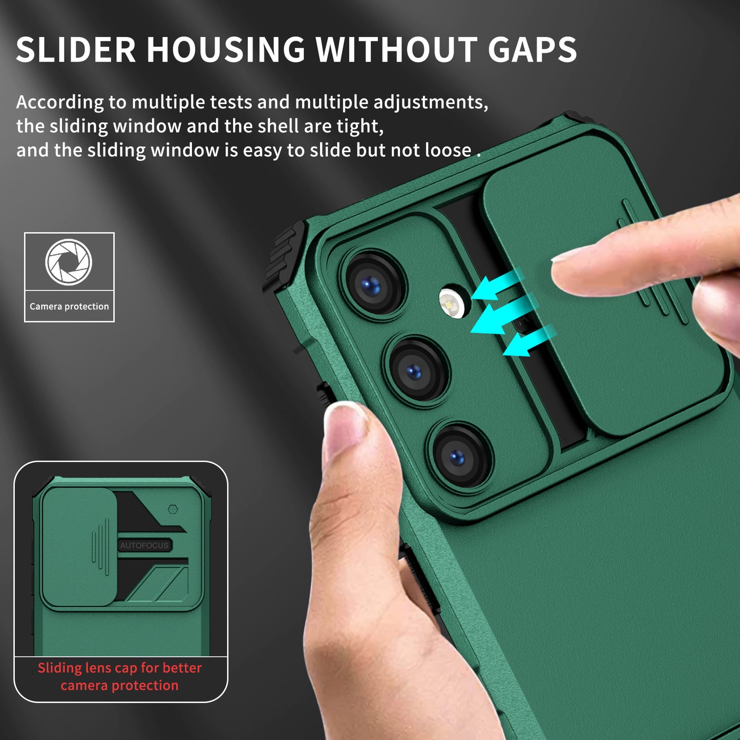 For Samsung Galaxy S24+ Cell Phone Cases Slide Lens Shield PC+TPU Kickstand Cover - Blackish Green