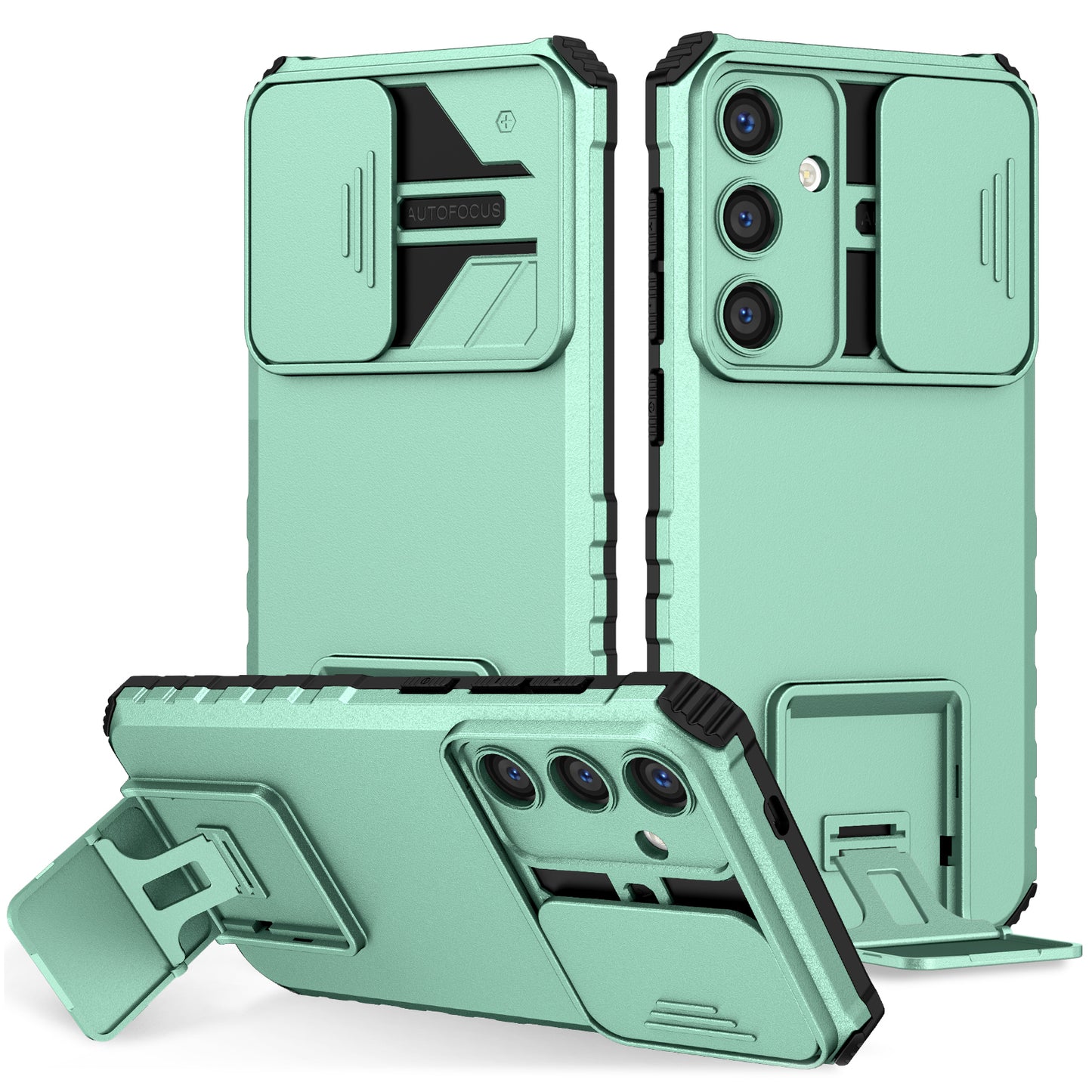 For Samsung Galaxy S24+ Cell Phone Cases Slide Lens Shield PC+TPU Kickstand Cover - Baby Blue