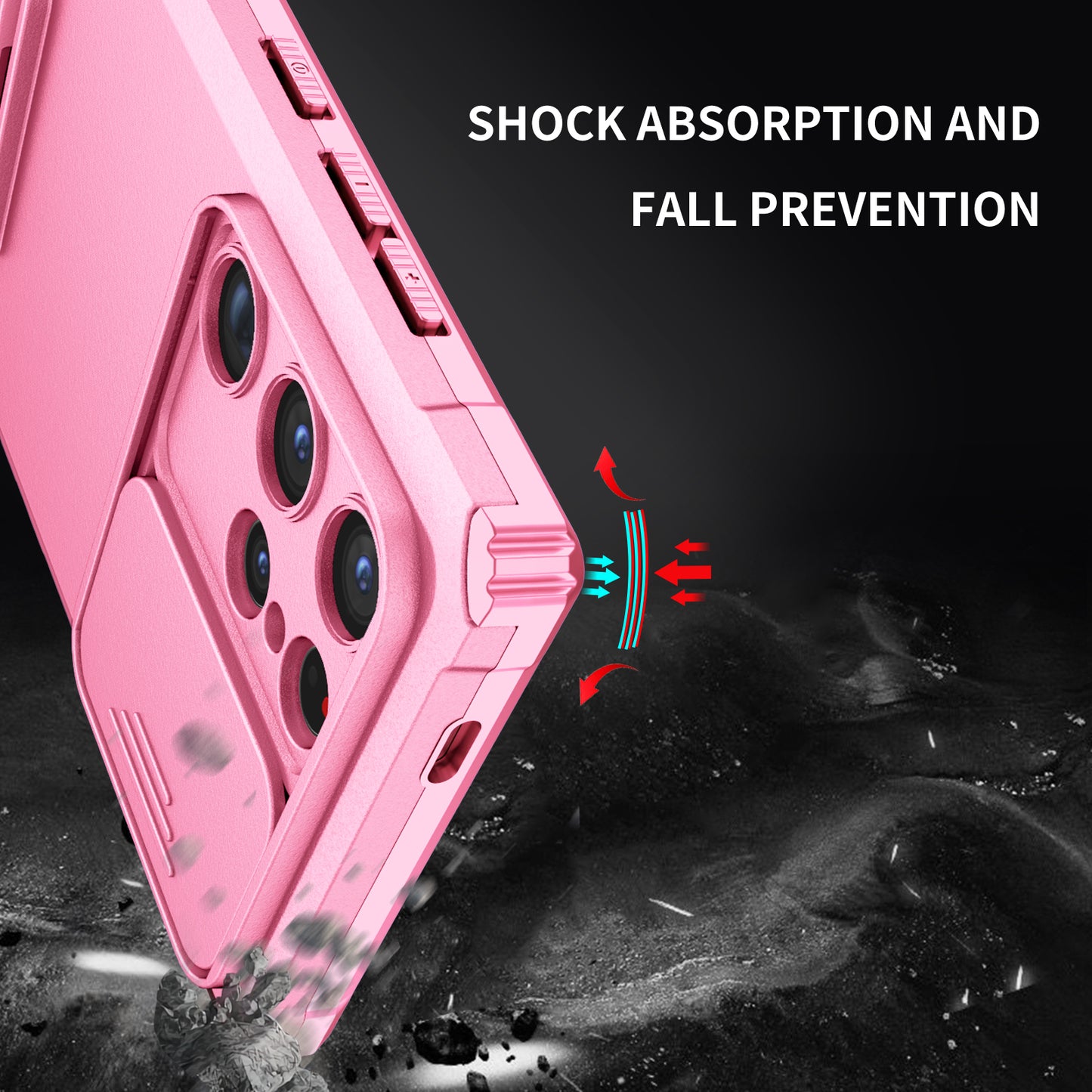 For Samsung Galaxy S24 Ultra Cell Phone Cases Slide Lens Shield PC+TPU Cover with Kickstand - Pink