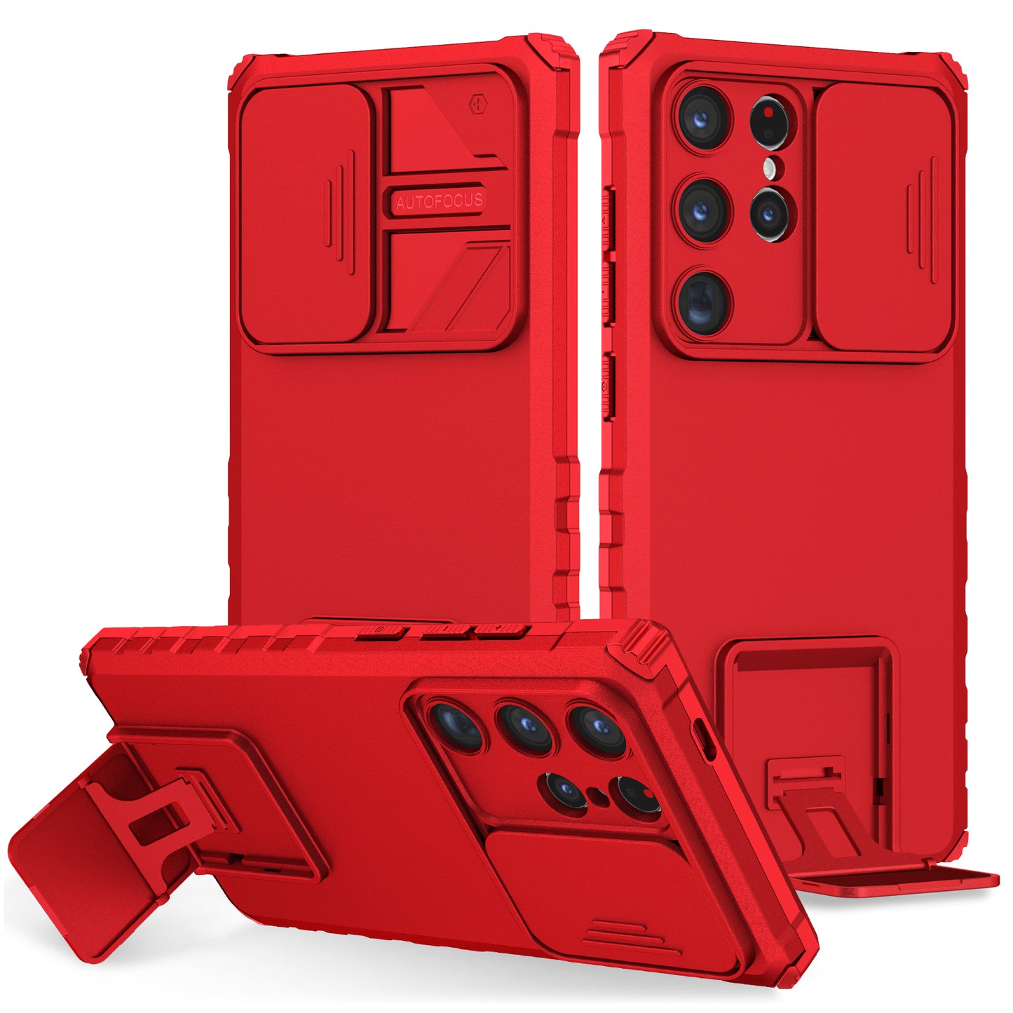 For Samsung Galaxy S24 Ultra Cell Phone Cases Slide Lens Shield PC+TPU Cover with Kickstand - Red