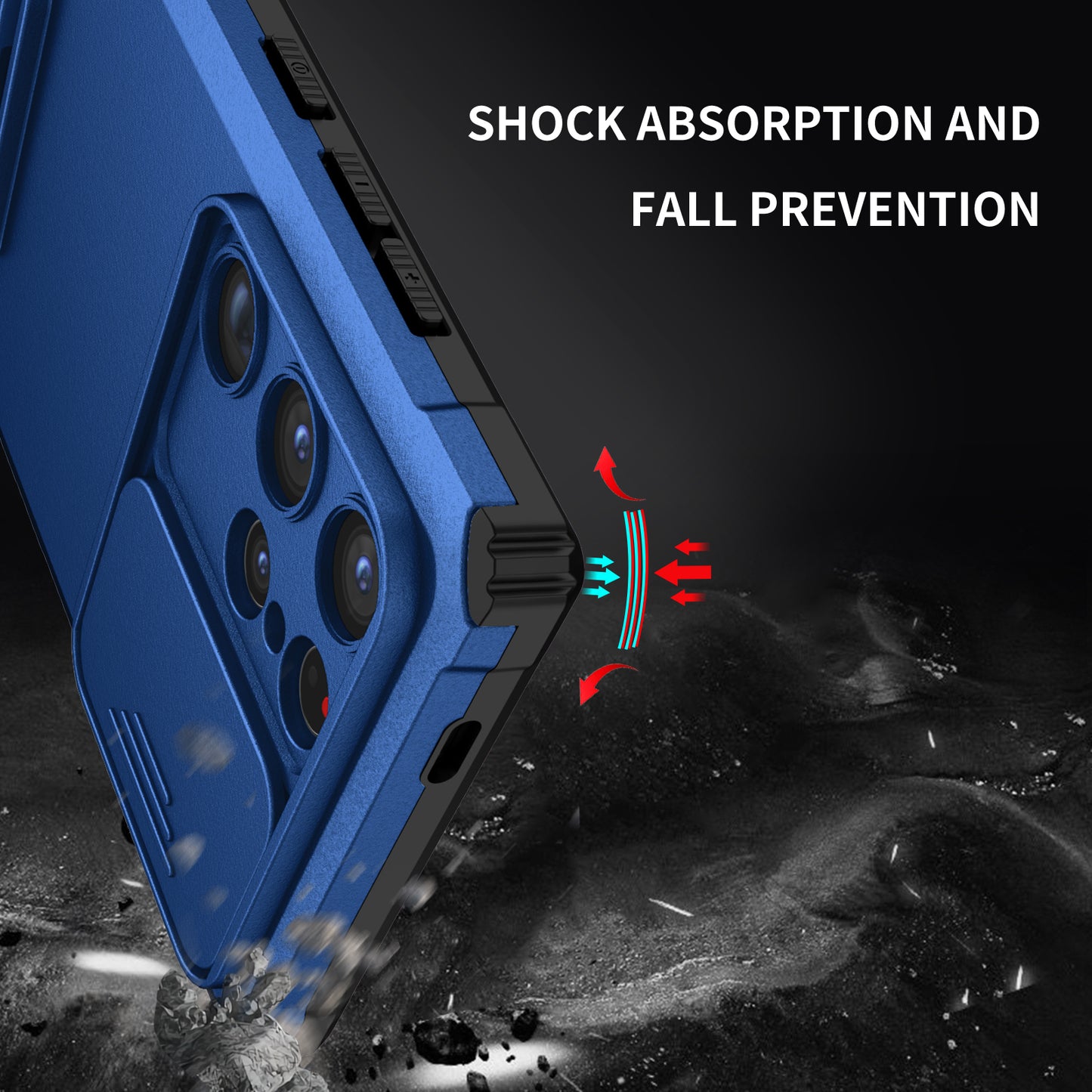 For Samsung Galaxy S24 Ultra Cell Phone Cases Slide Lens Shield PC+TPU Cover with Kickstand - Blue