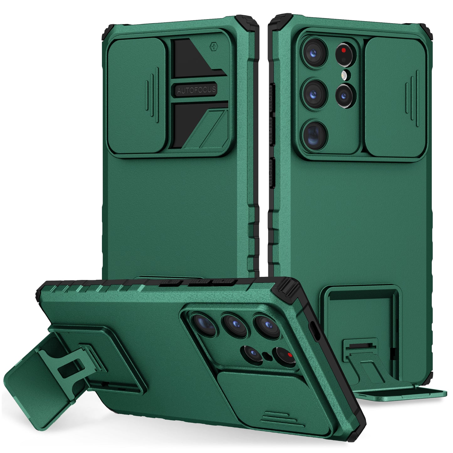 For Samsung Galaxy S24 Ultra Cell Phone Cases Slide Lens Shield PC+TPU Cover with Kickstand - Blackish Green