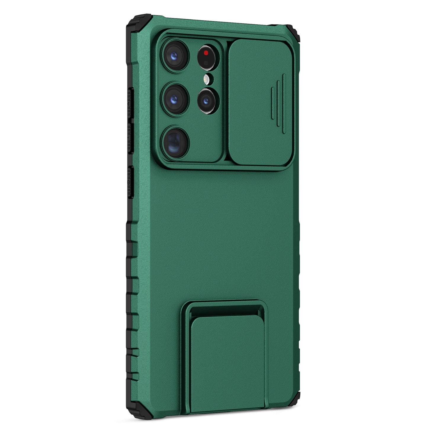 For Samsung Galaxy S24 Ultra Cell Phone Cases Slide Lens Shield PC+TPU Cover with Kickstand - Blackish Green