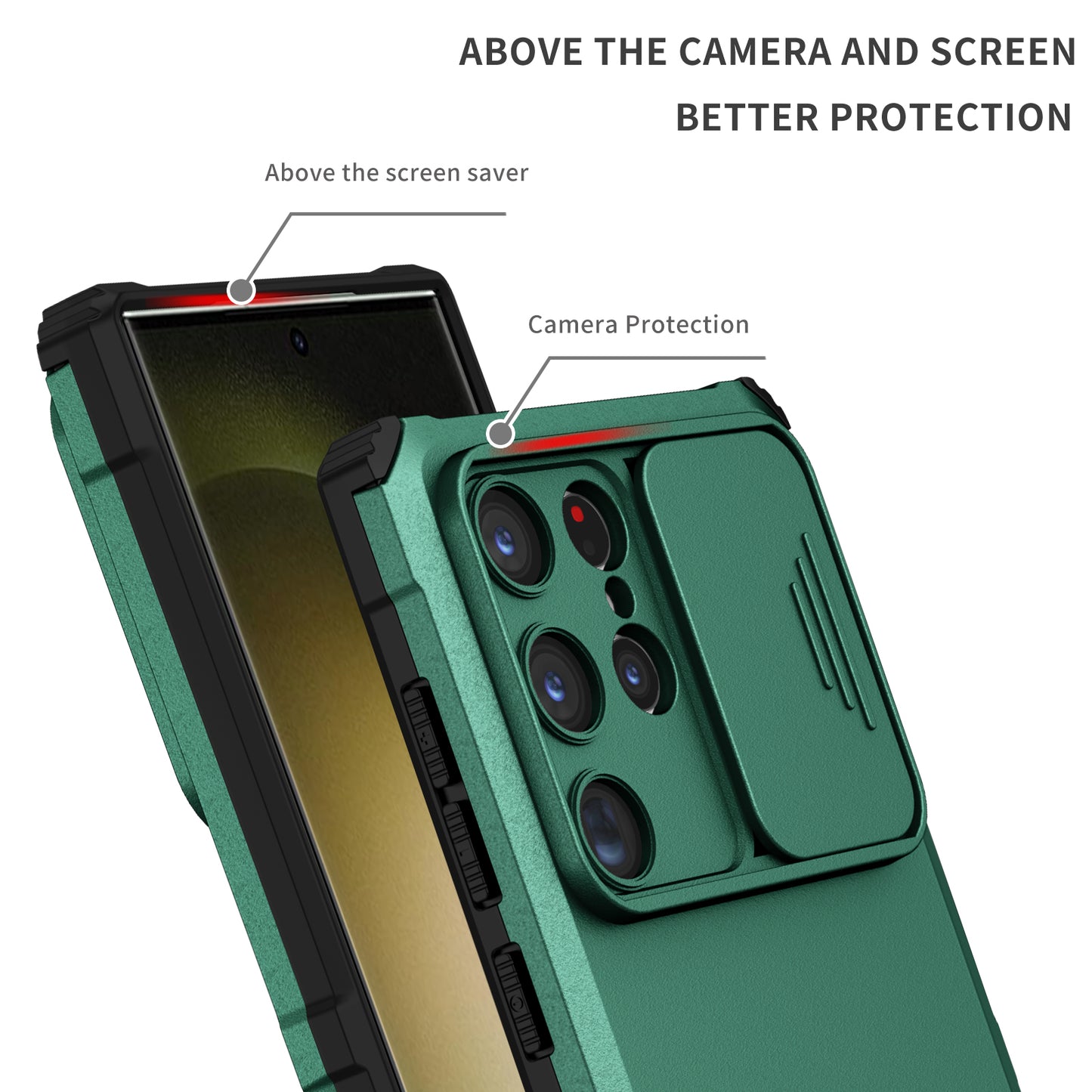 For Samsung Galaxy S24 Ultra Cell Phone Cases Slide Lens Shield PC+TPU Cover with Kickstand - Blackish Green