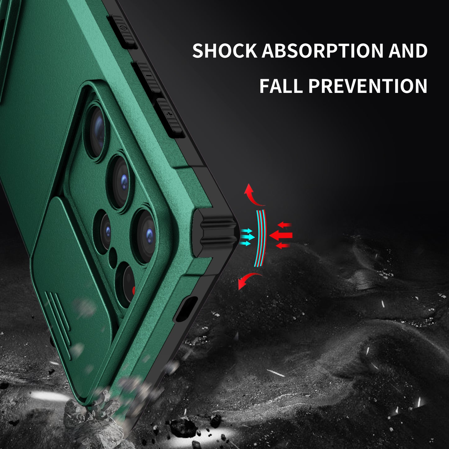 For Samsung Galaxy S24 Ultra Cell Phone Cases Slide Lens Shield PC+TPU Cover with Kickstand - Blackish Green