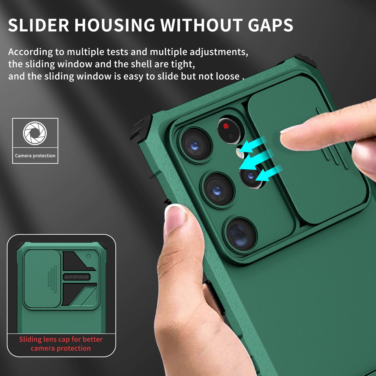 For Samsung Galaxy S24 Ultra Cell Phone Cases Slide Lens Shield PC+TPU Cover with Kickstand - Blackish Green