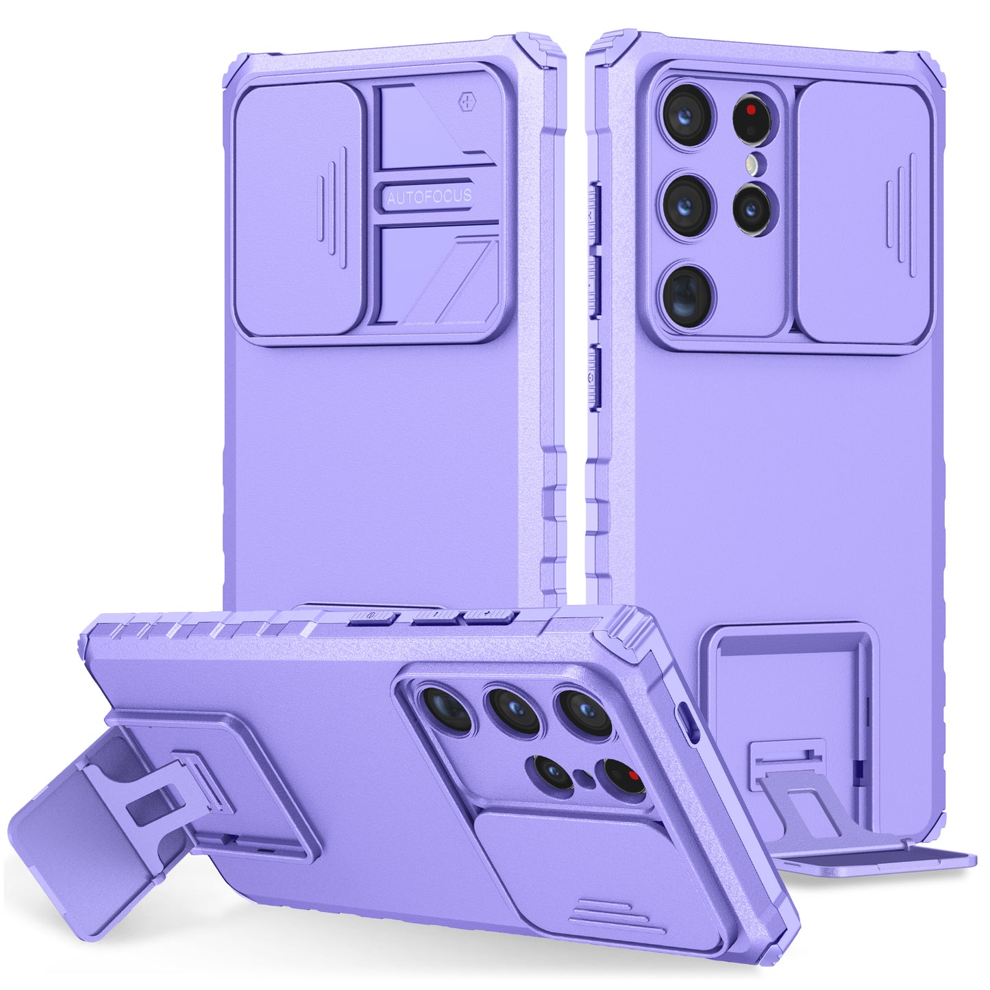 For Samsung Galaxy S24 Ultra Cell Phone Cases Slide Lens Shield PC+TPU Cover with Kickstand - Purple